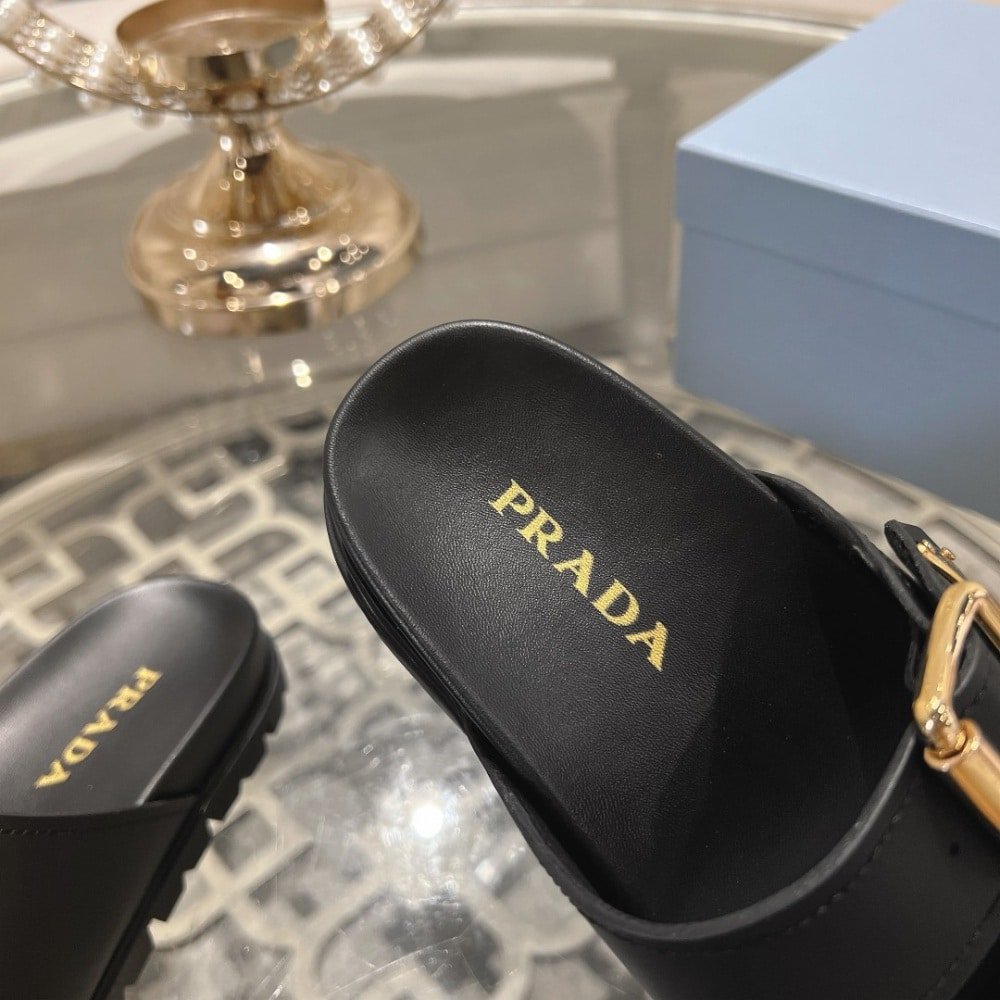 Pra*a Leather Strap Slides Black 1Xx692 3Lem F0002 F 020