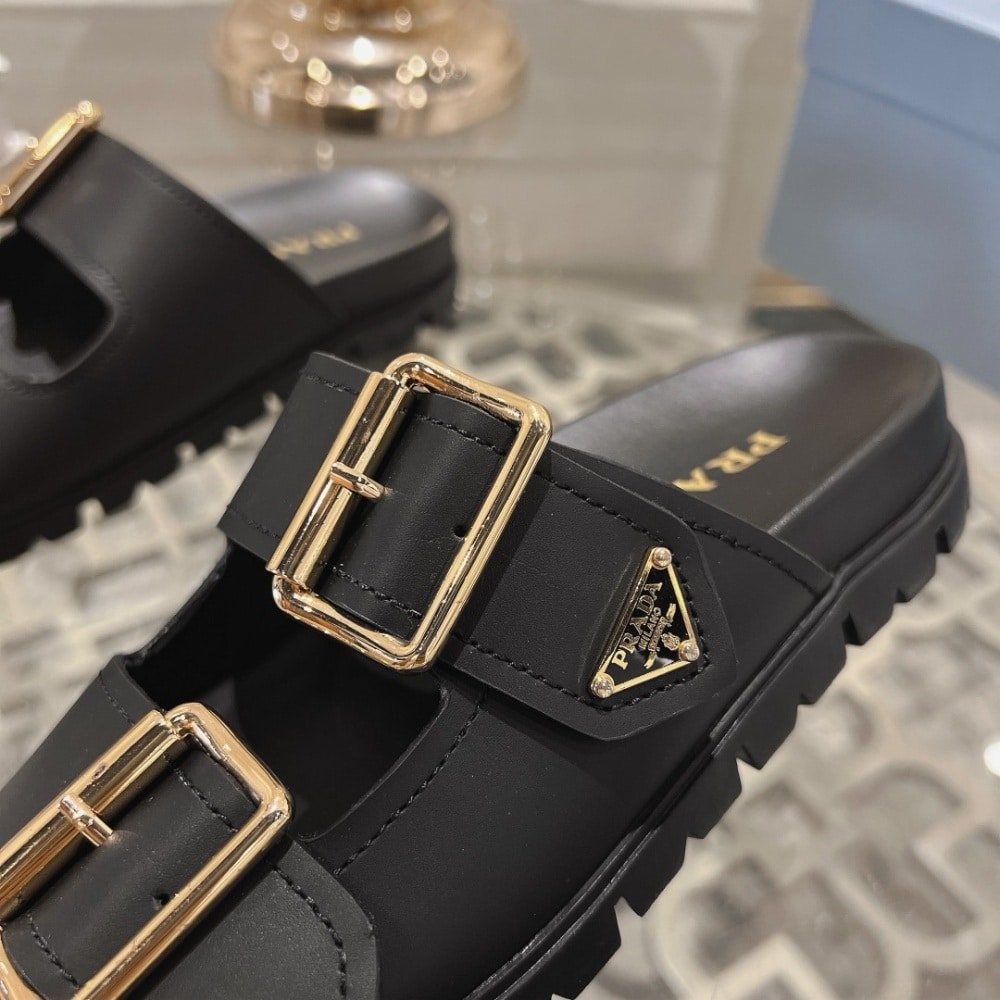 Pra*a Leather Strap Slides Black 1Xx692 3Lem F0002 F 020