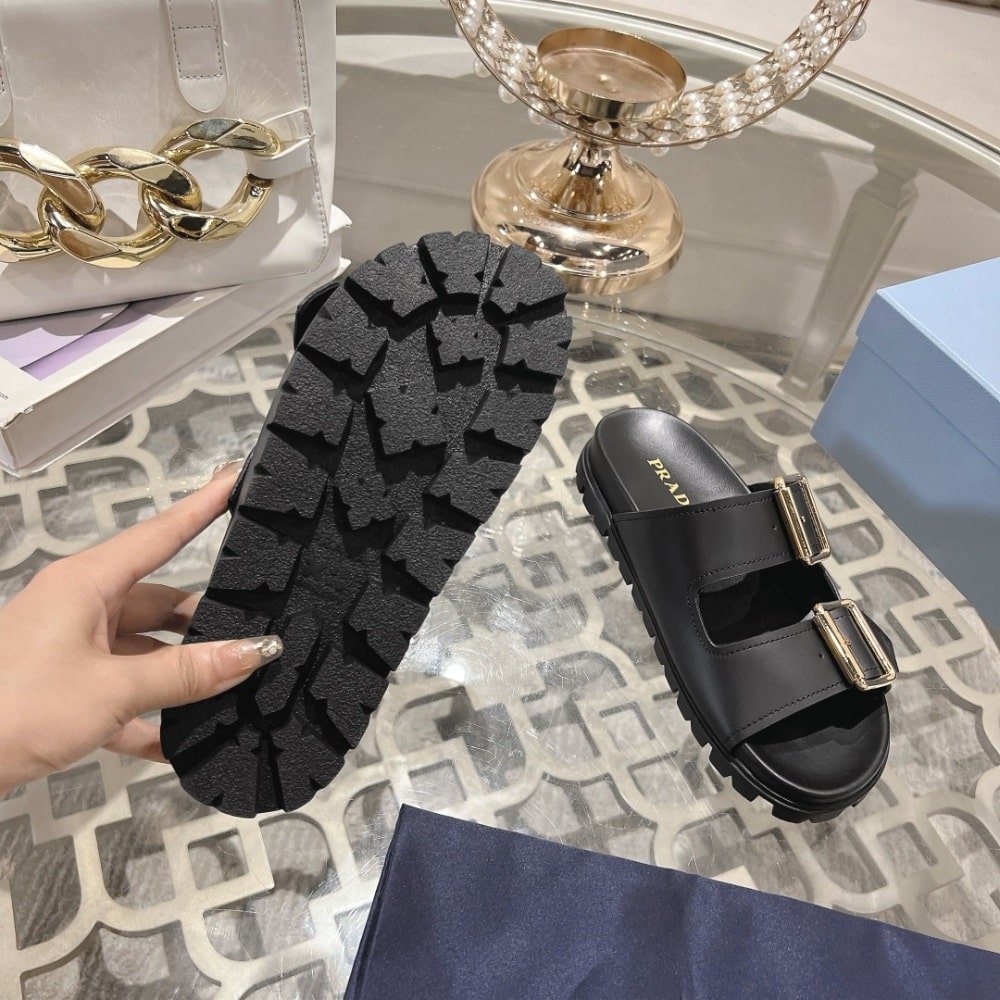 Pra*a Leather Strap Slides Black 1Xx692 3Lem F0002 F 020