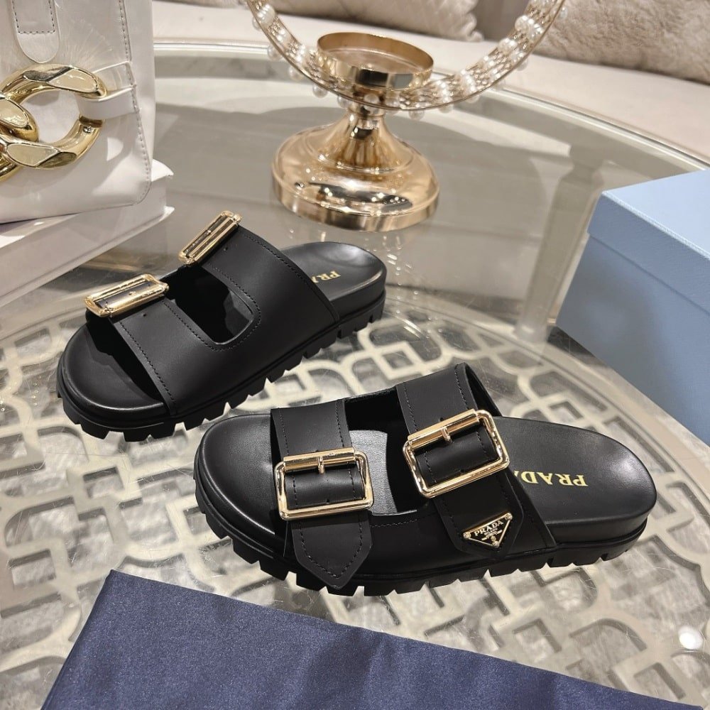 Pra*a Leather Strap Slides Black 1Xx692 3Lem F0002 F 020