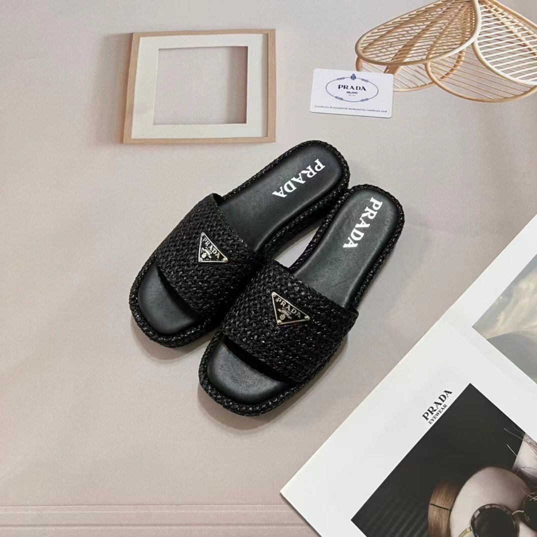 Pra*a Natural Crochet Platform Slides Black