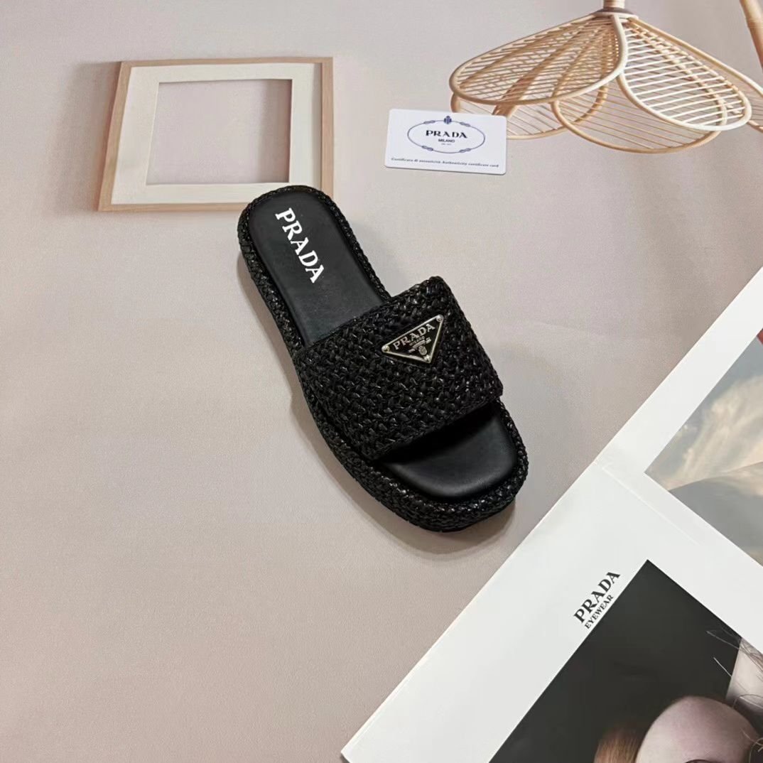 Pra*a Natural Crochet Platform Slides Black