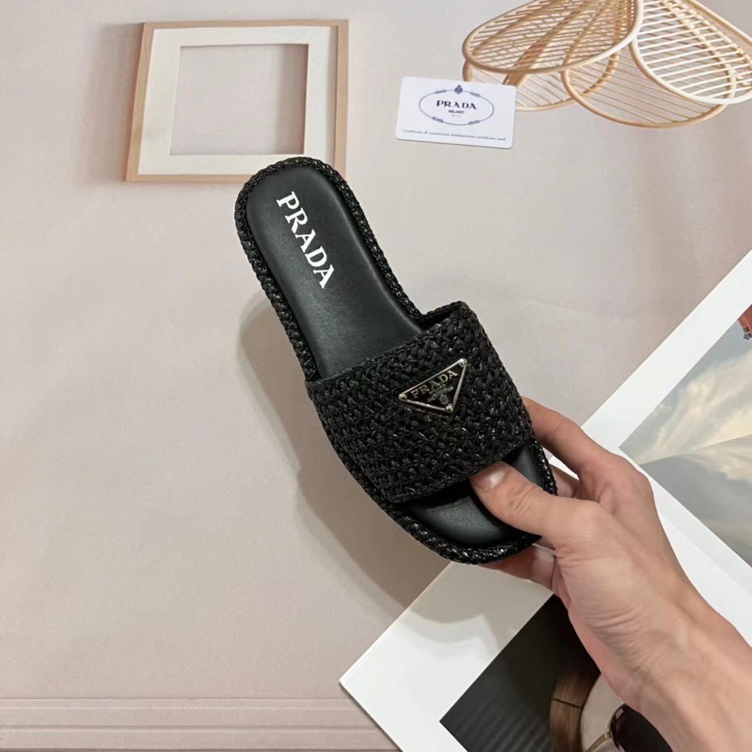 Pra*a Natural Crochet Platform Slides Black