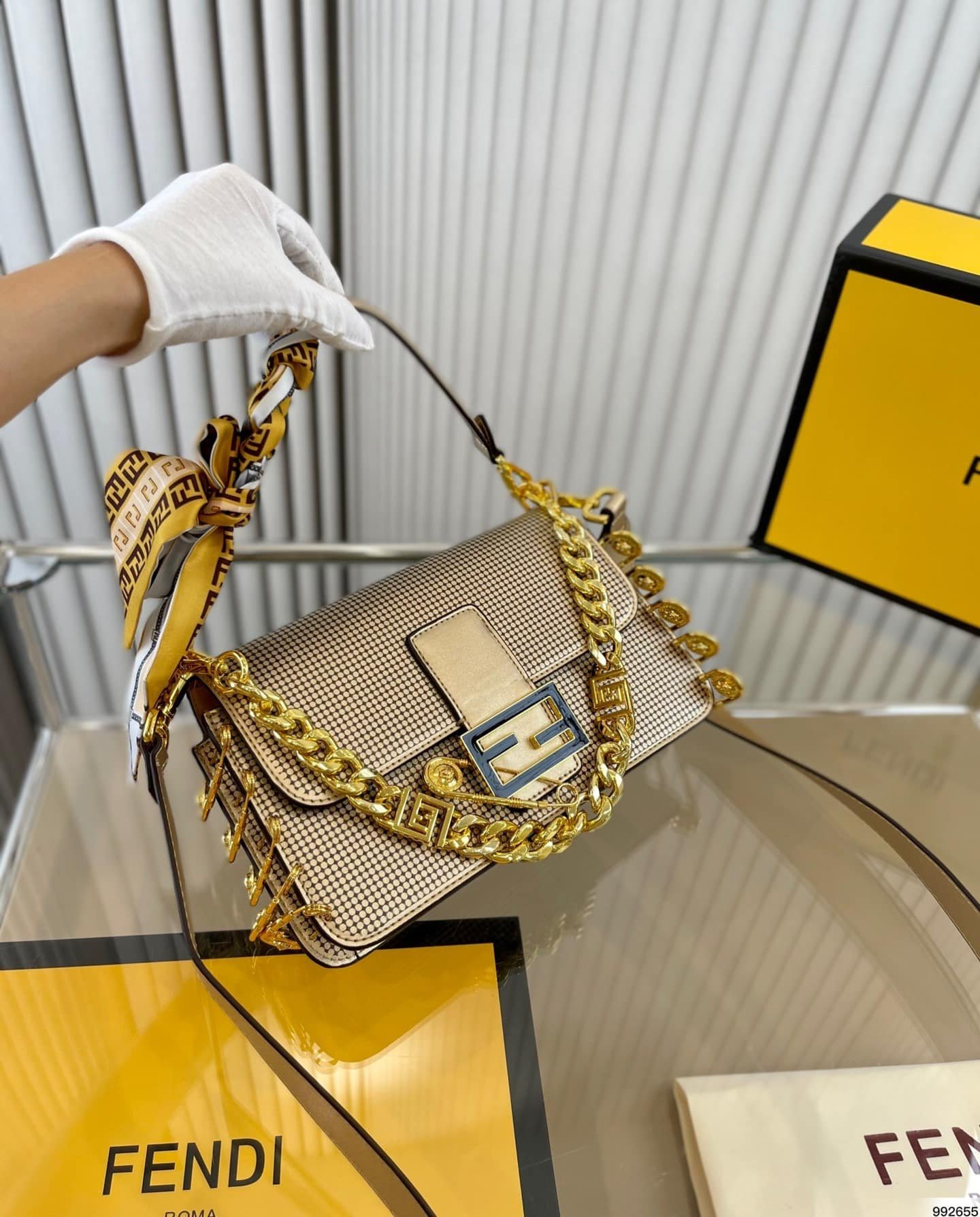 F**di X Versace Baguette Fendace Bag In Gold Perforated Leather 25Cm