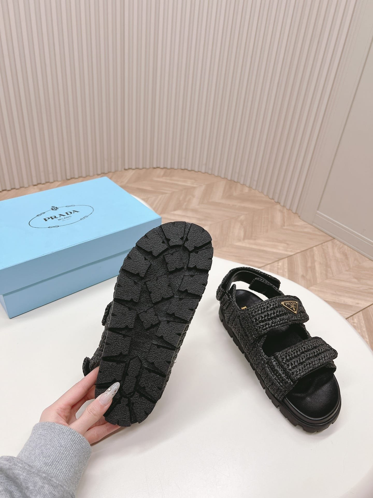 Pra*a Monolith Crochet Raffia Effect Sandals In Black