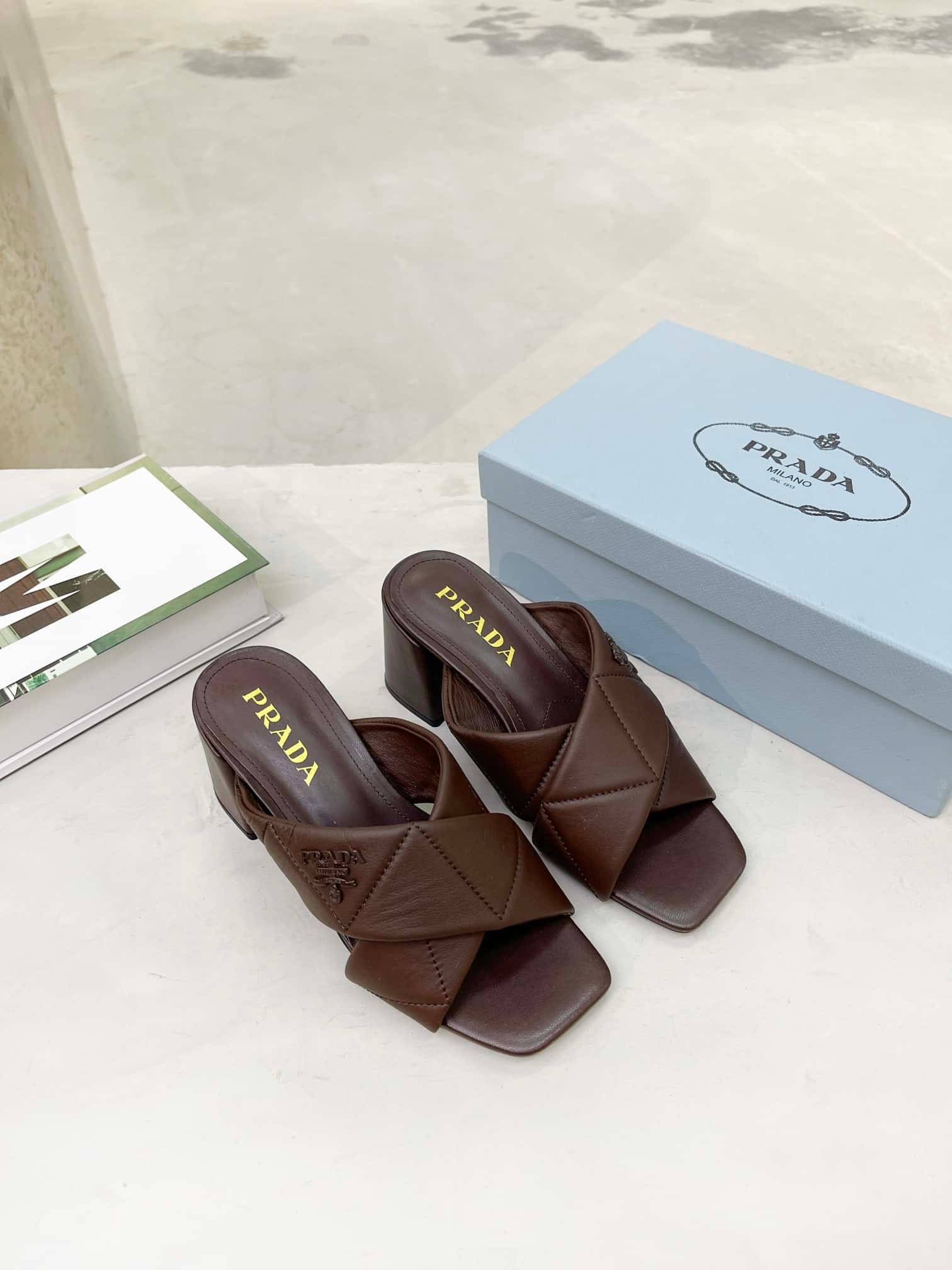 Pra*a Crossover Nappa Leather Sandals In Dark Brown
