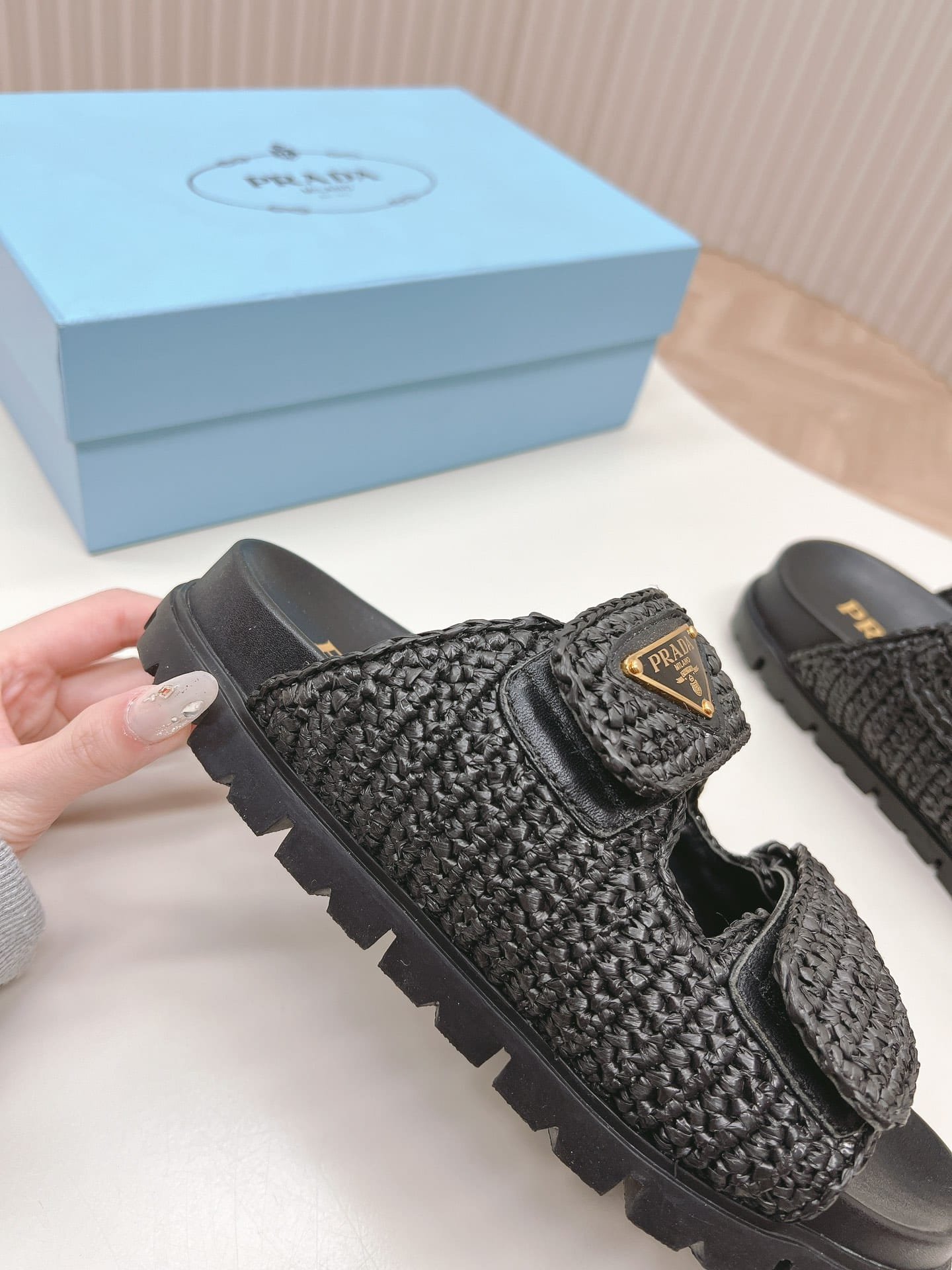 Pra*a Fussbett Raffia Dual Buckle Slide Sandals Black