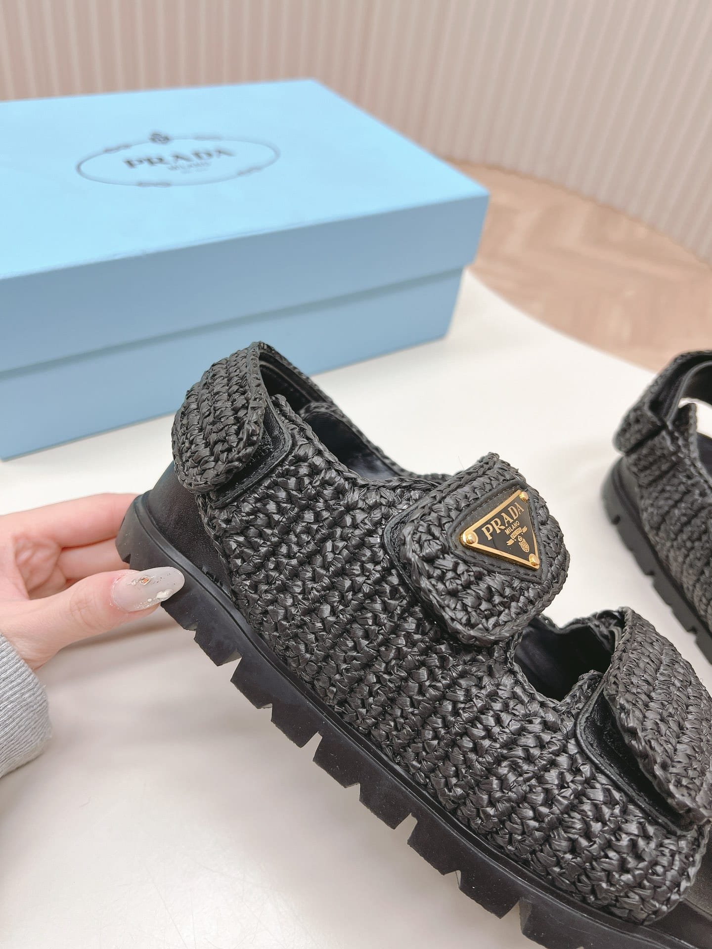 Pra*a Monolith Crochet Raffia Effect Sandals In Black
