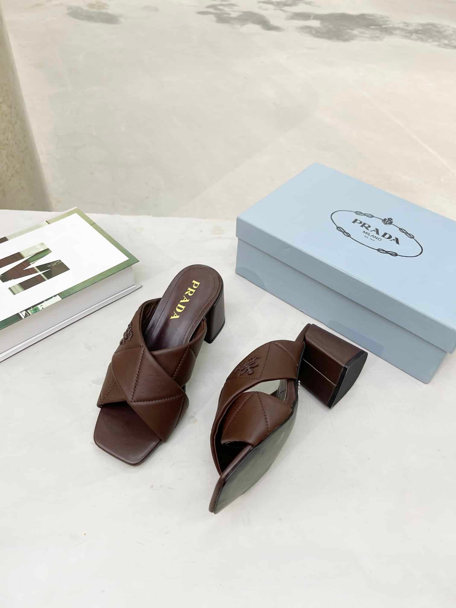 Pra*a Crossover Nappa Leather Sandals In Dark Brown