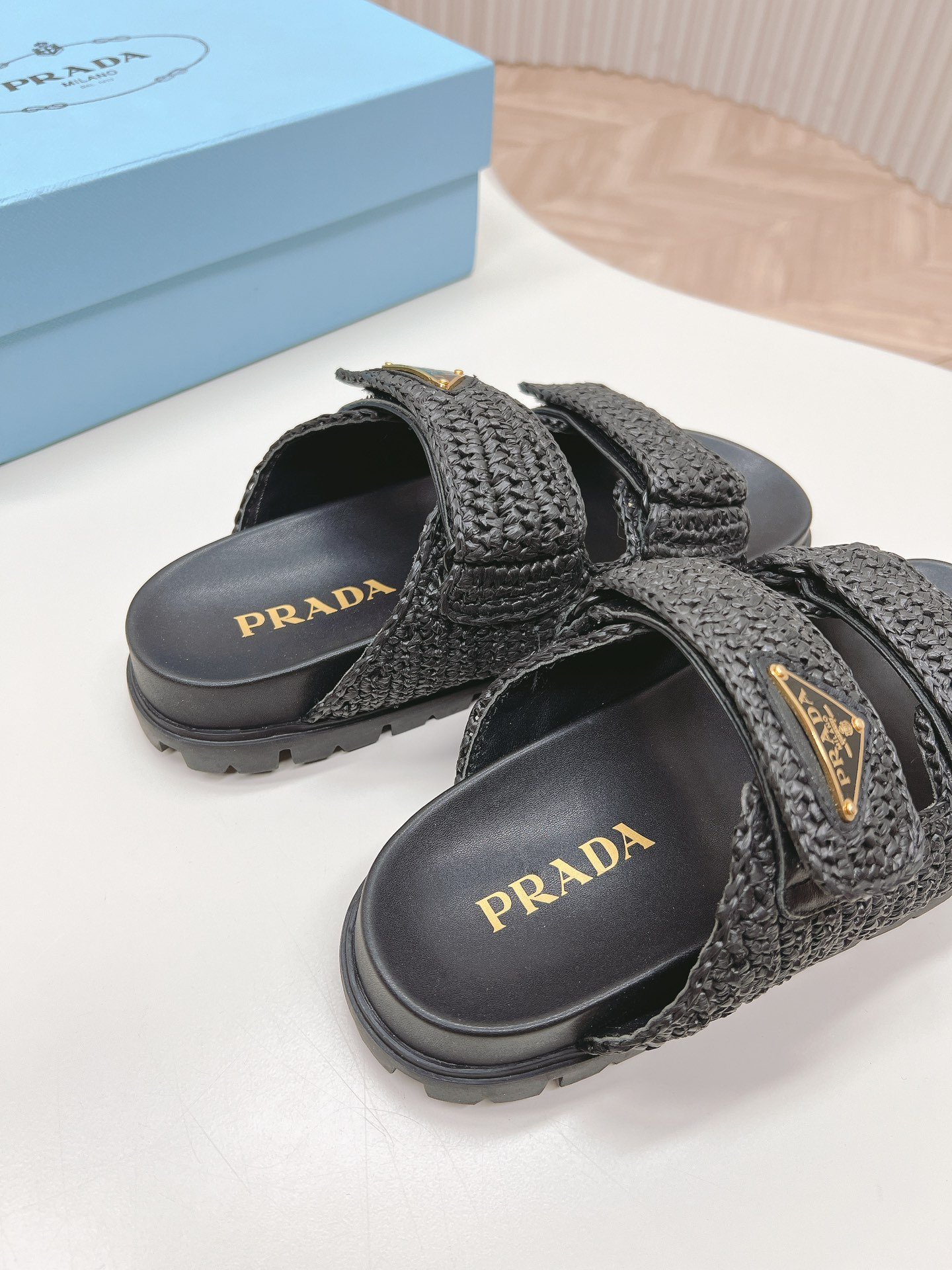 Pra*a Fussbett Raffia Dual Buckle Slide Sandals Black