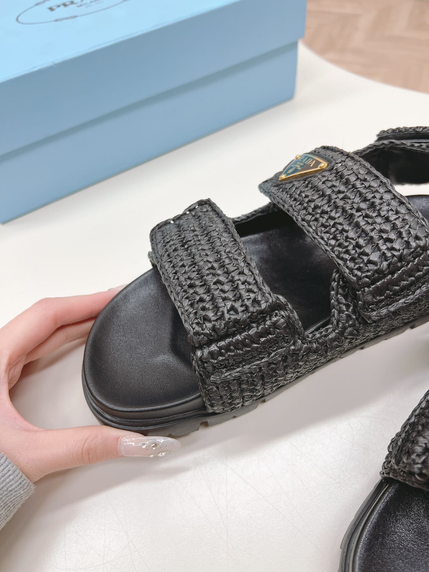 Pra*a Monolith Crochet Raffia Effect Sandals In Black