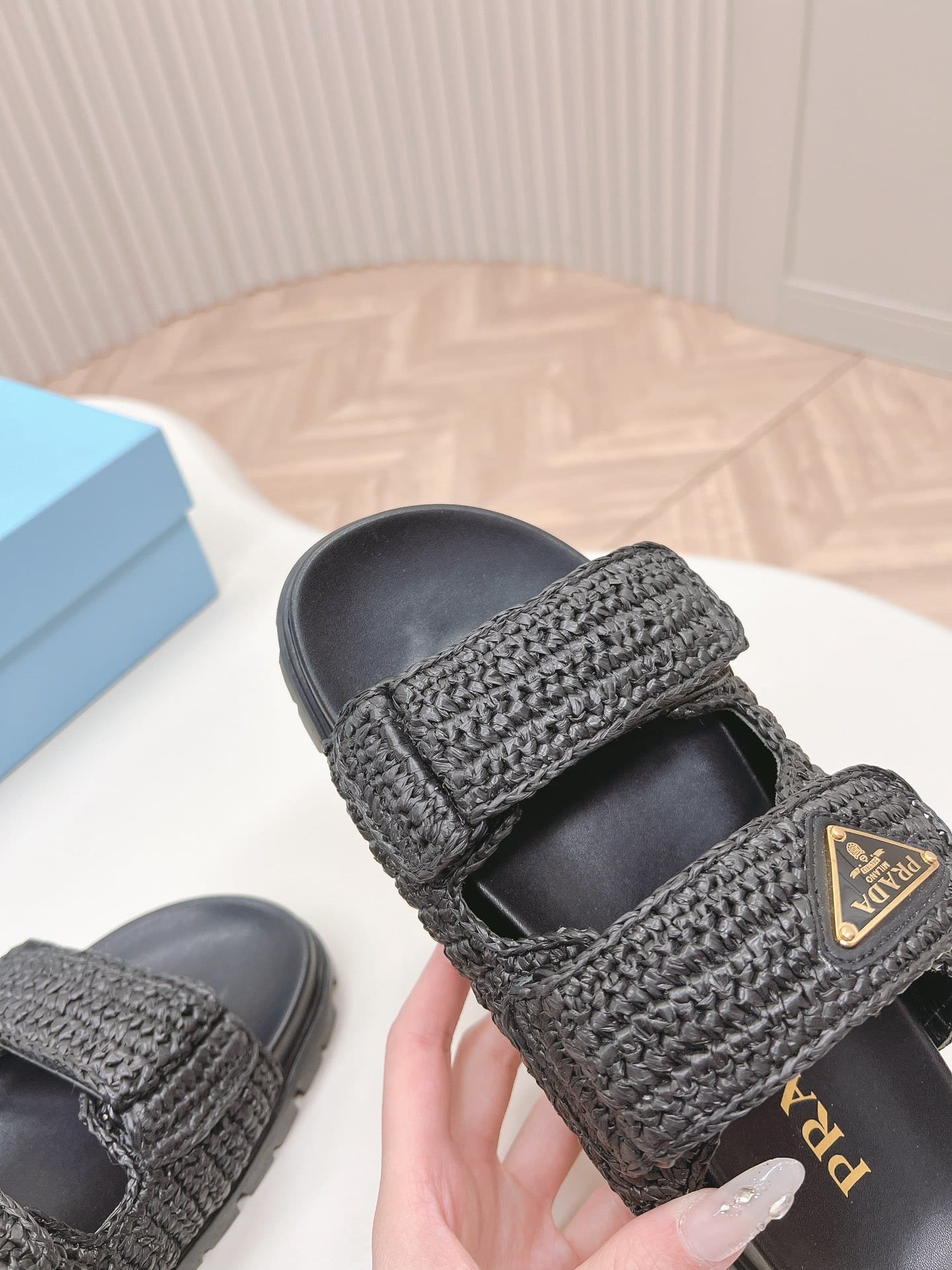 Pra*a Fussbett Raffia Dual Buckle Slide Sandals Black