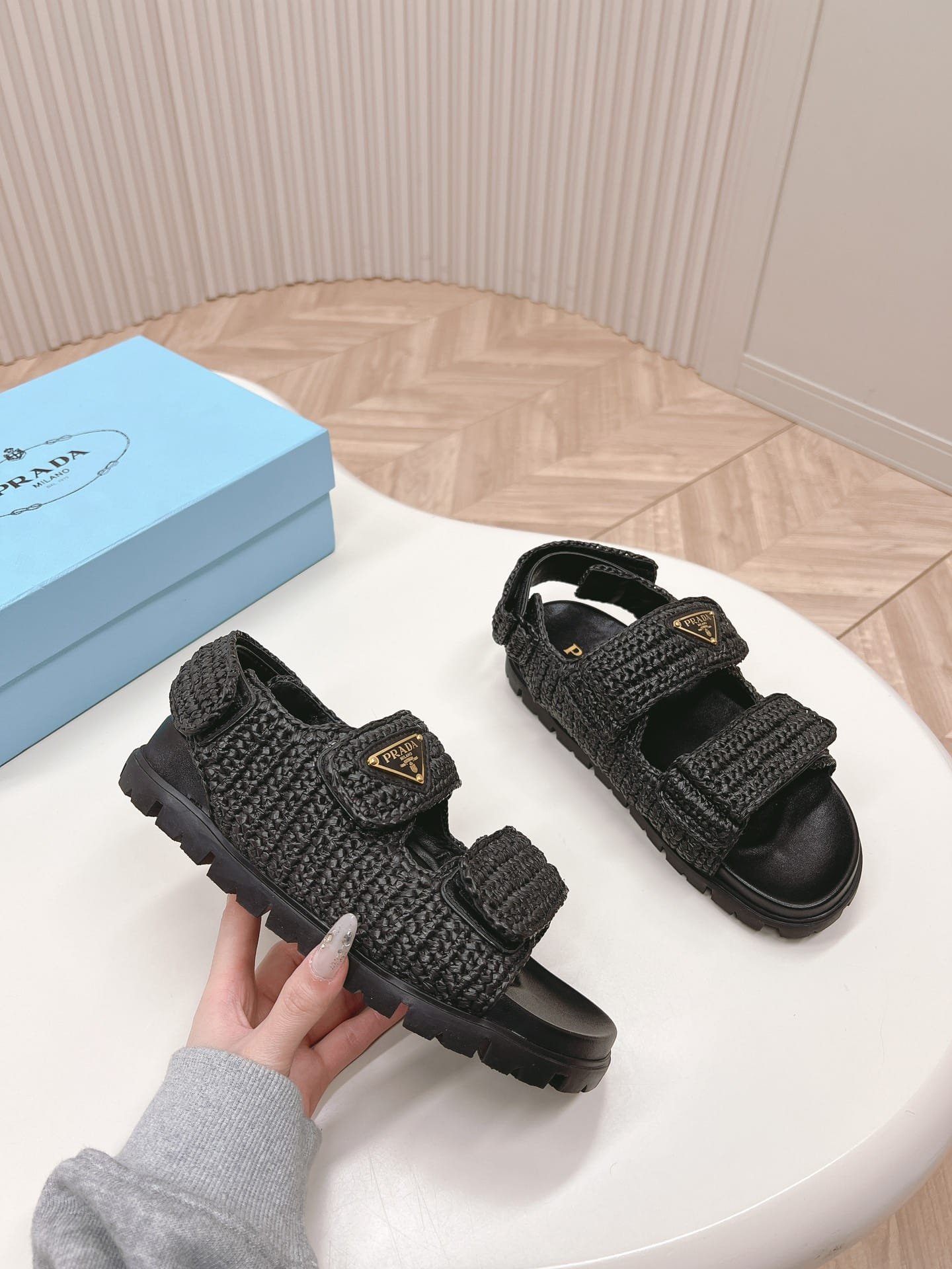 Pra*a Monolith Crochet Raffia Effect Sandals In Black