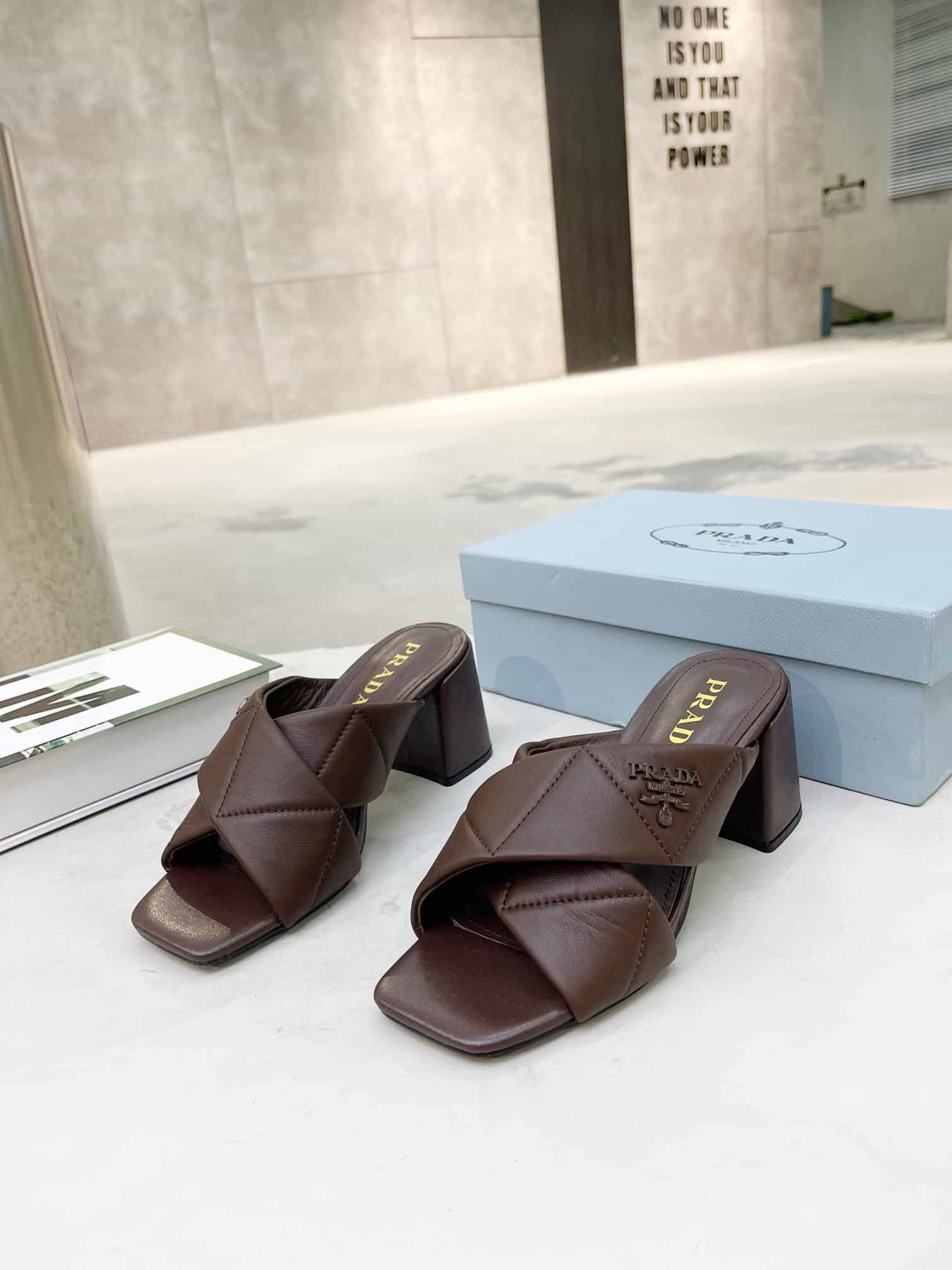 Pra*a Crossover Nappa Leather Sandals In Dark Brown
