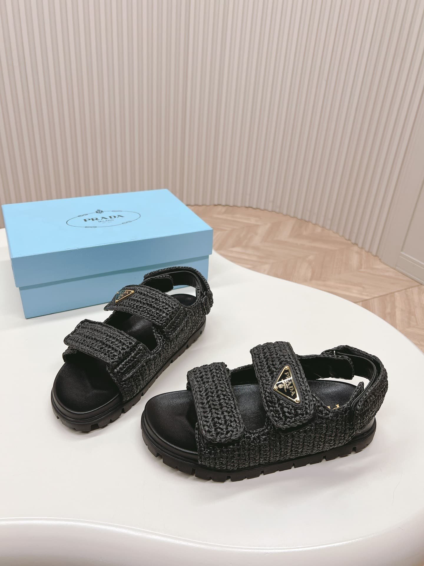 Pra*a Monolith Crochet Raffia Effect Sandals In Black