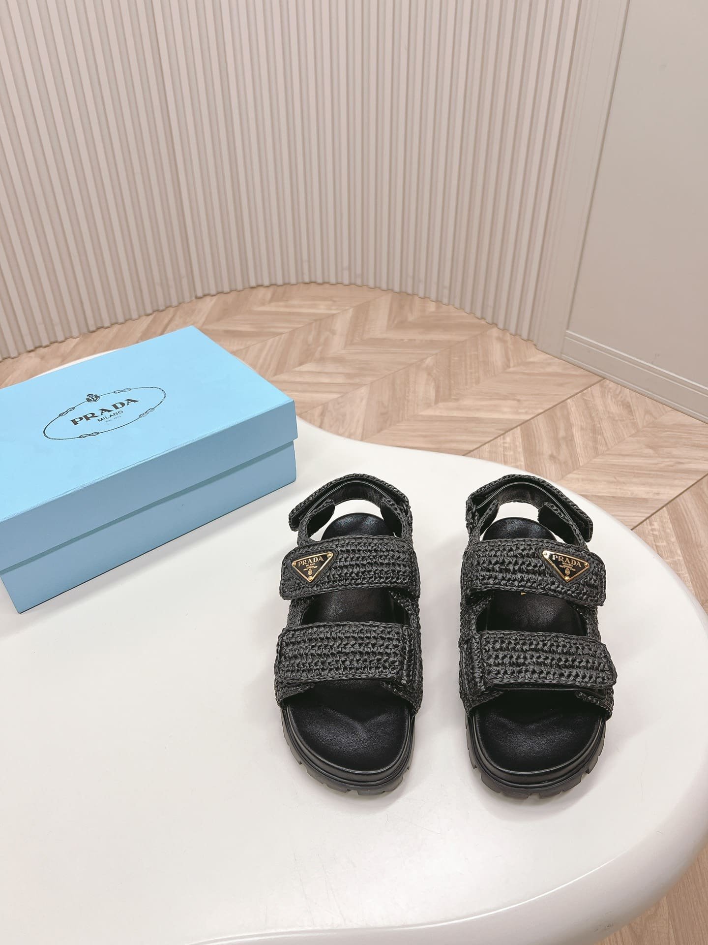 Pra*a Monolith Crochet Raffia Effect Sandals In Black