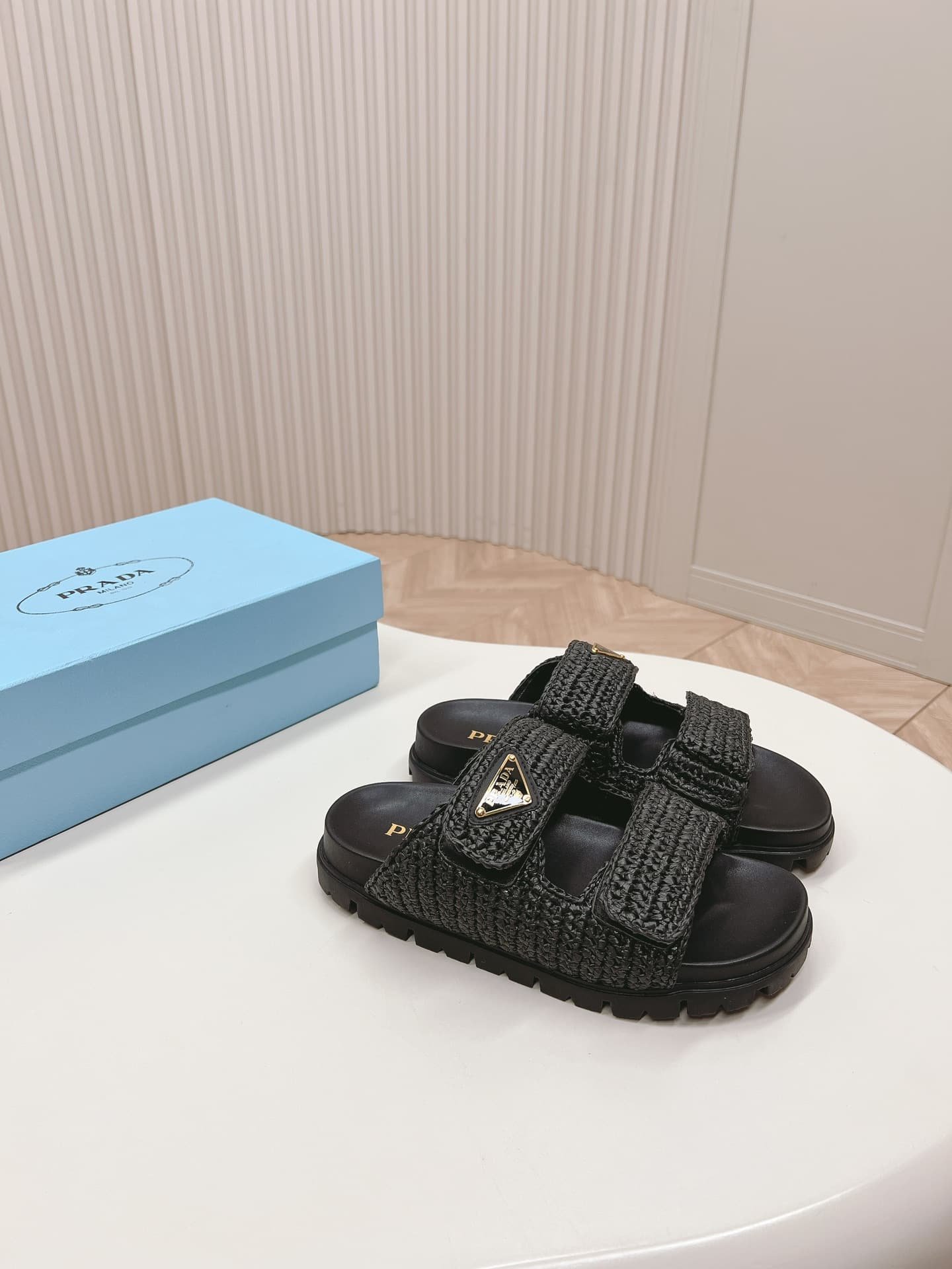 Pra*a Fussbett Raffia Dual Buckle Slide Sandals Black