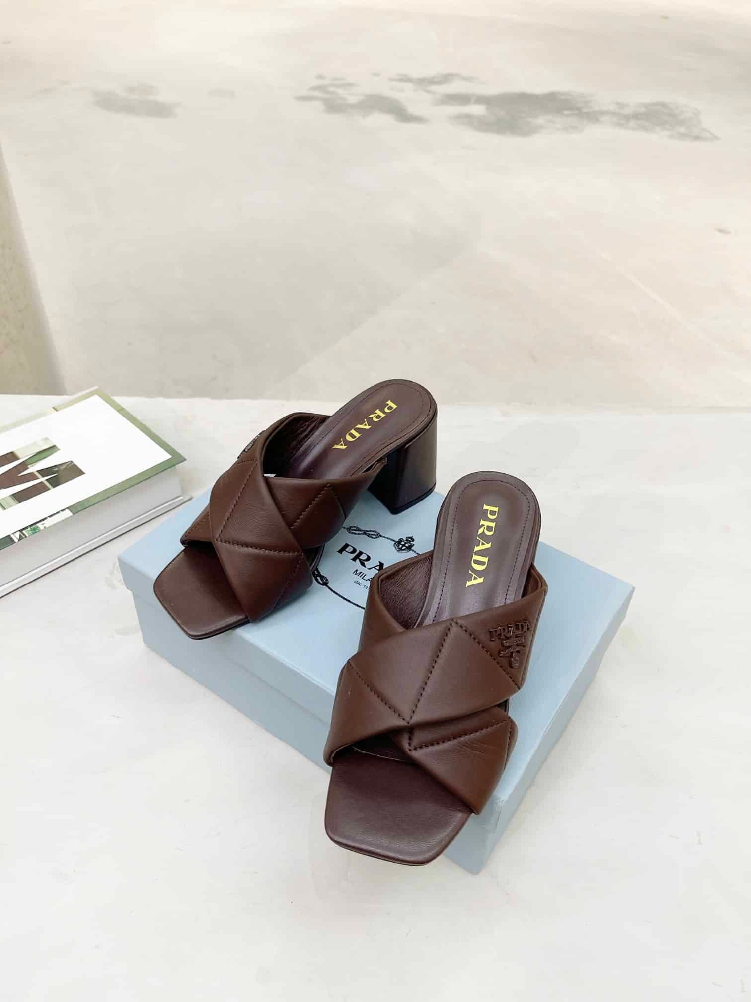 Pra*a Crossover Nappa Leather Sandals In Dark Brown