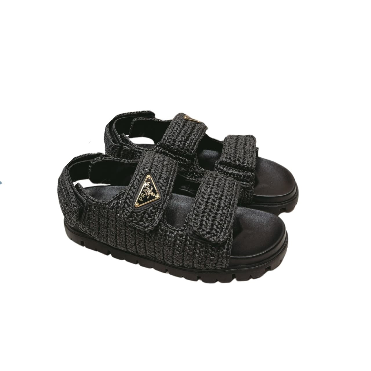 Pra*a Monolith Crochet Raffia Effect Sandals In Black
