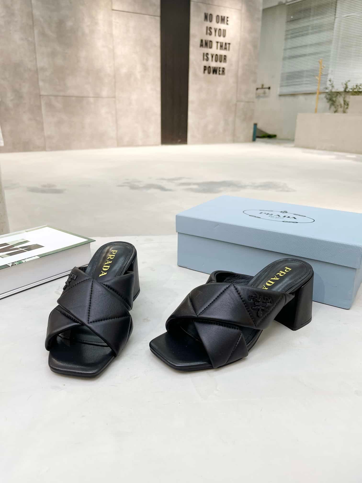 Pra*a Crossover Nappa Leather Sandals In Black