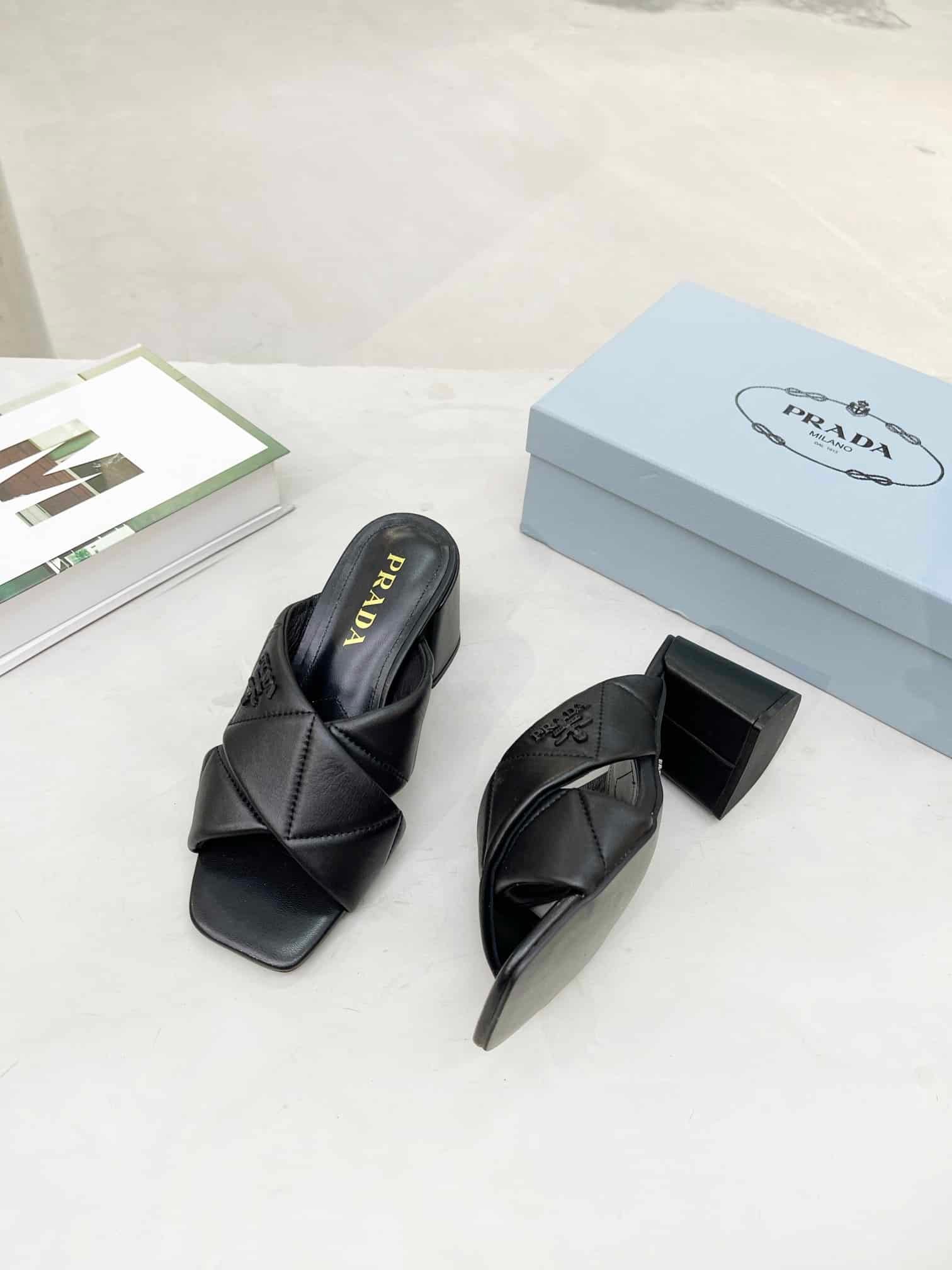 Pra*a Crossover Nappa Leather Sandals In Black