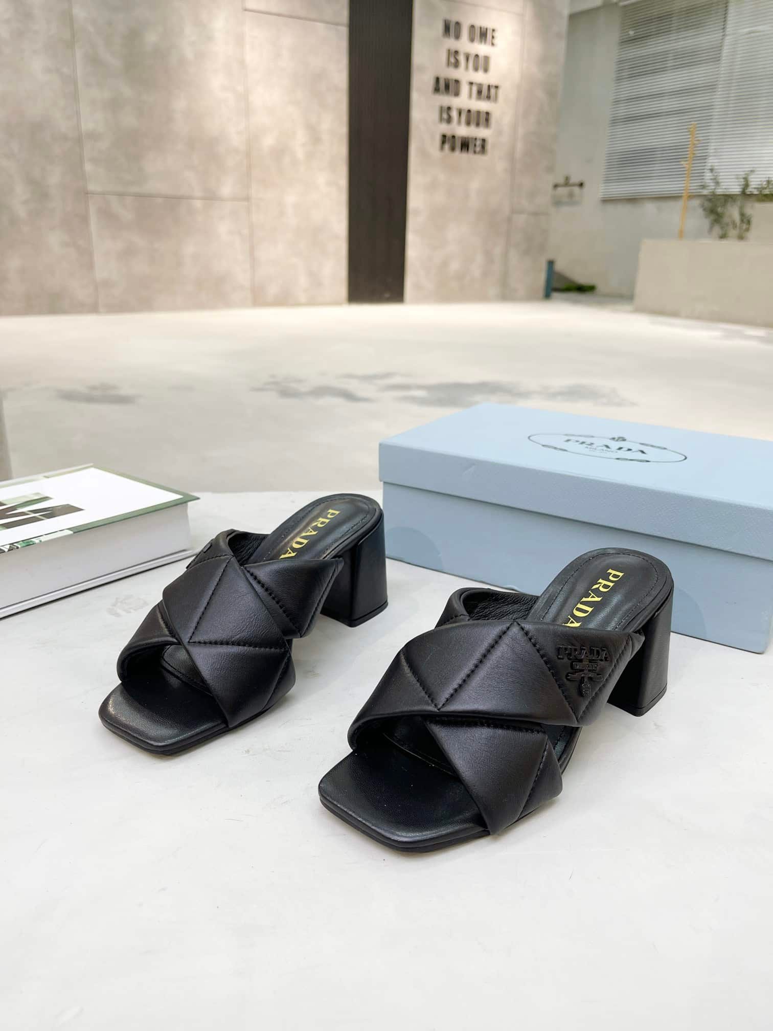 Pra*a Crossover Nappa Leather Sandals In Black