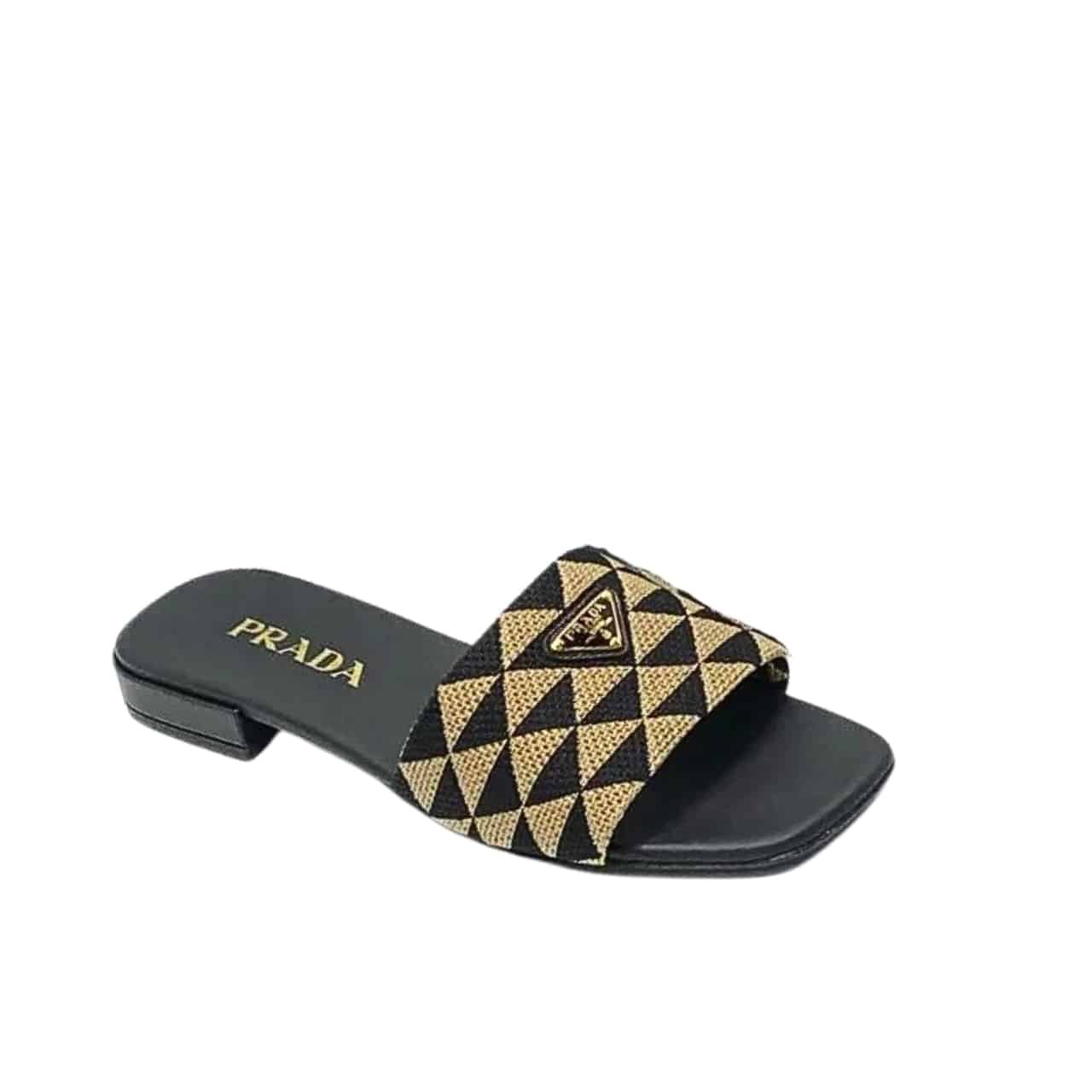 Pra*a Embroidered Fabric Slides Black Beige