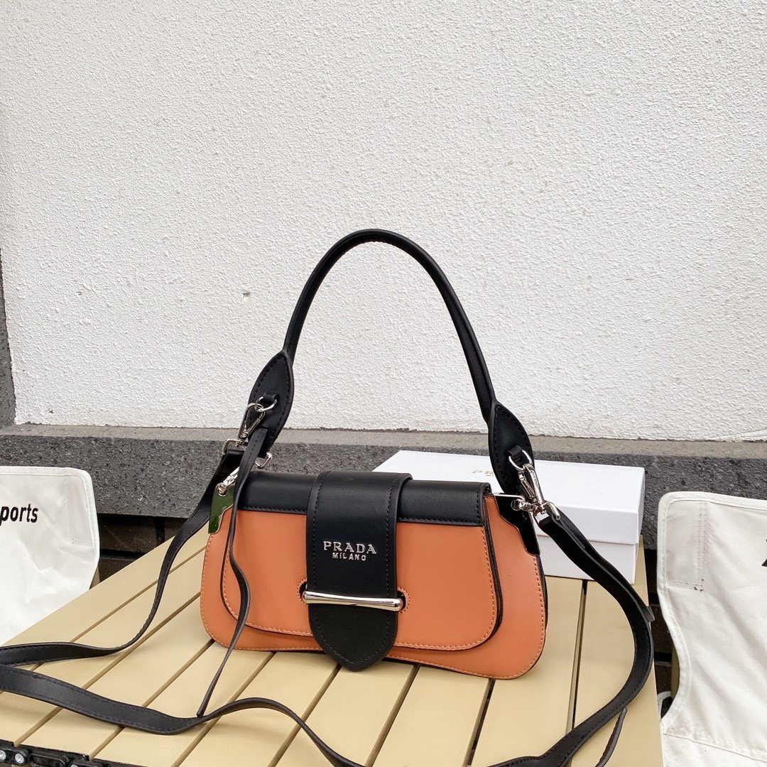 Pra*a City Calfskin Sidonie Shoulder Bag Brown And Black 28Cm 1Bd168