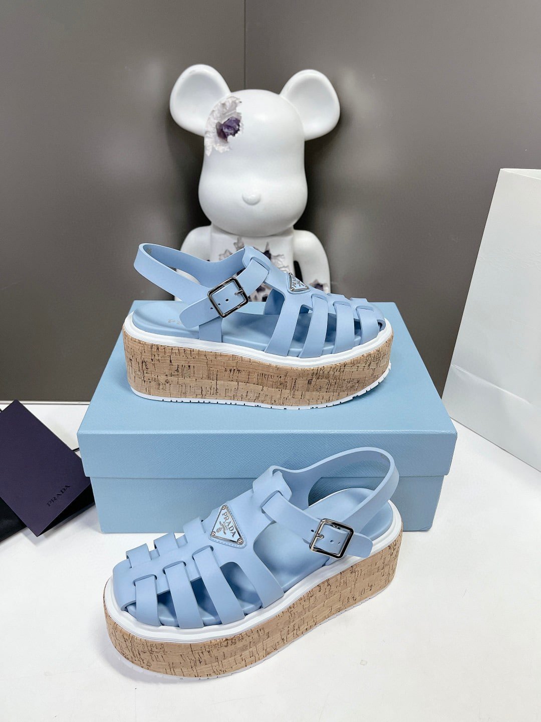Pra*a Rubber Wedge Platform Sandals Light Blue