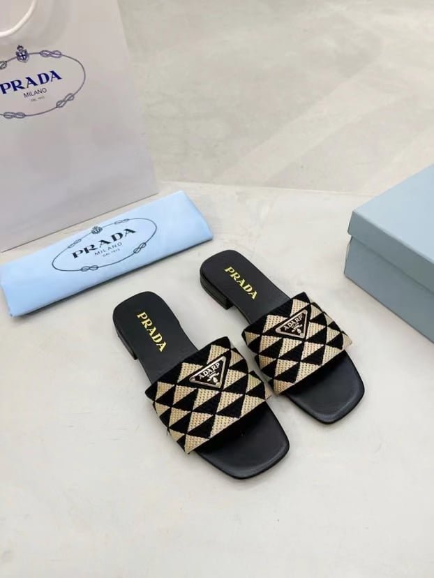 Pra*a Embroidered Fabric Slides Black Beige
