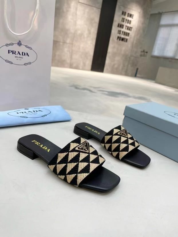 Pra*a Embroidered Fabric Slides Black Beige