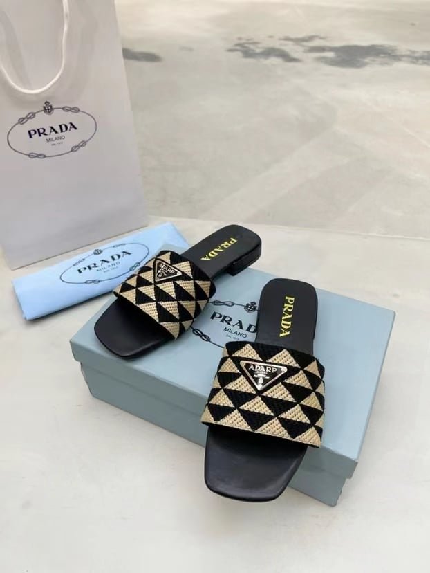 Pra*a Embroidered Fabric Slides Black Beige