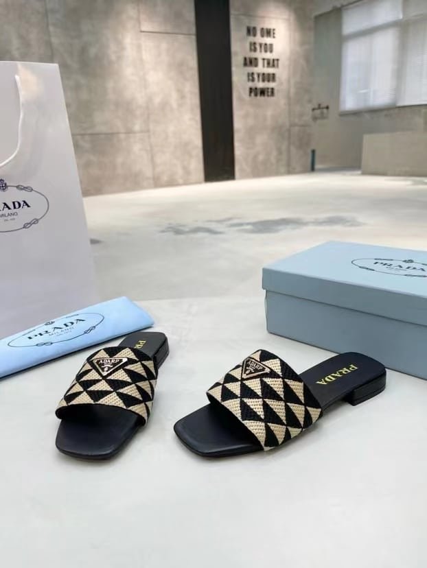 Pra*a Embroidered Fabric Slides Black Beige