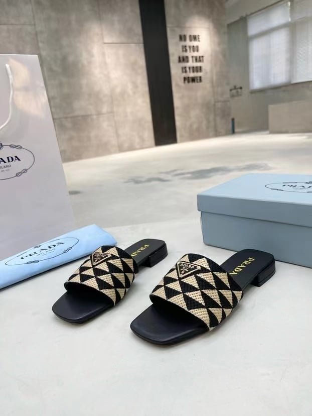 Pra*a Embroidered Fabric Slides Black Beige