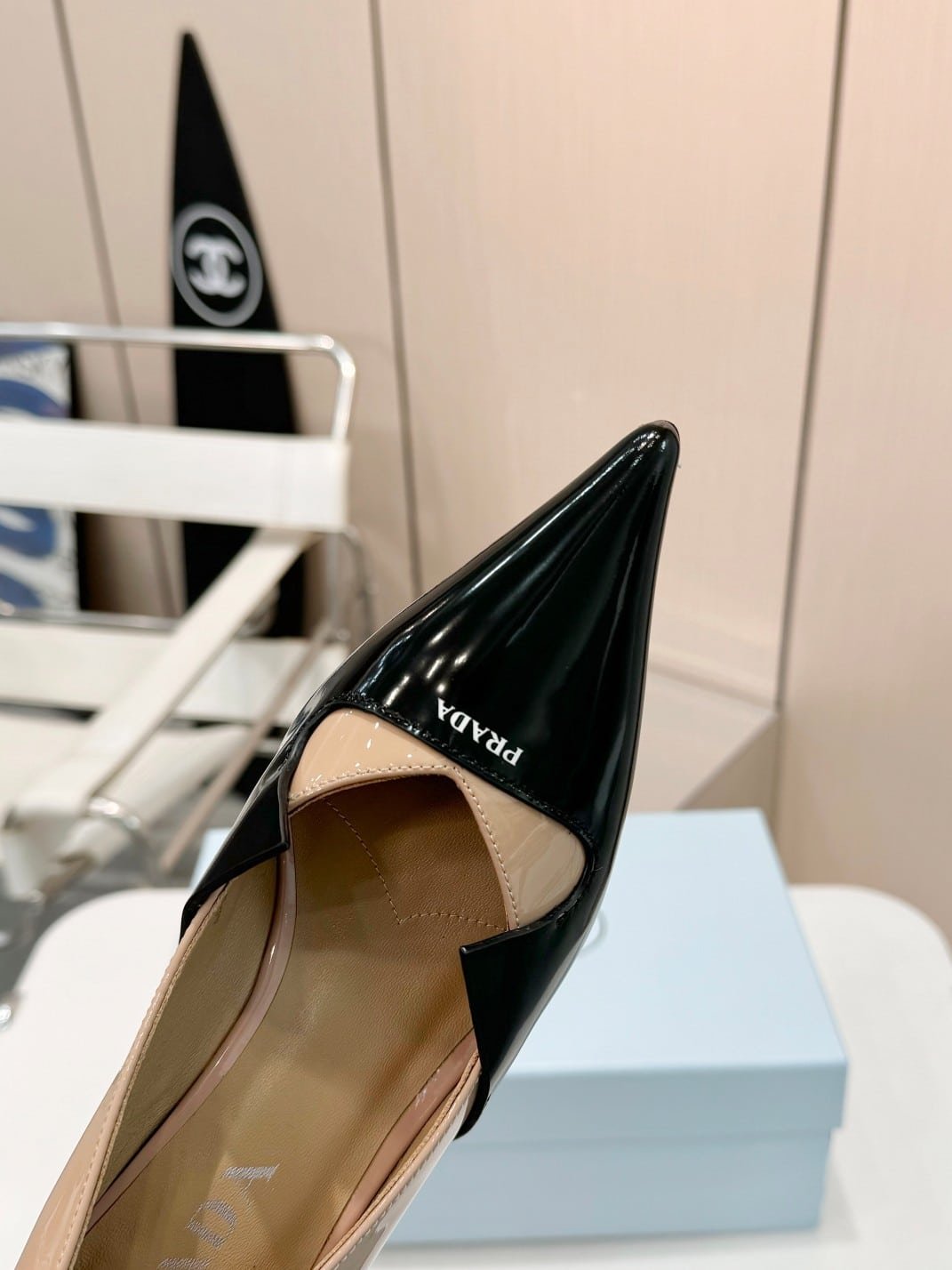 Pra*a Two Tone Toe Kitten Heels In Black And Beige