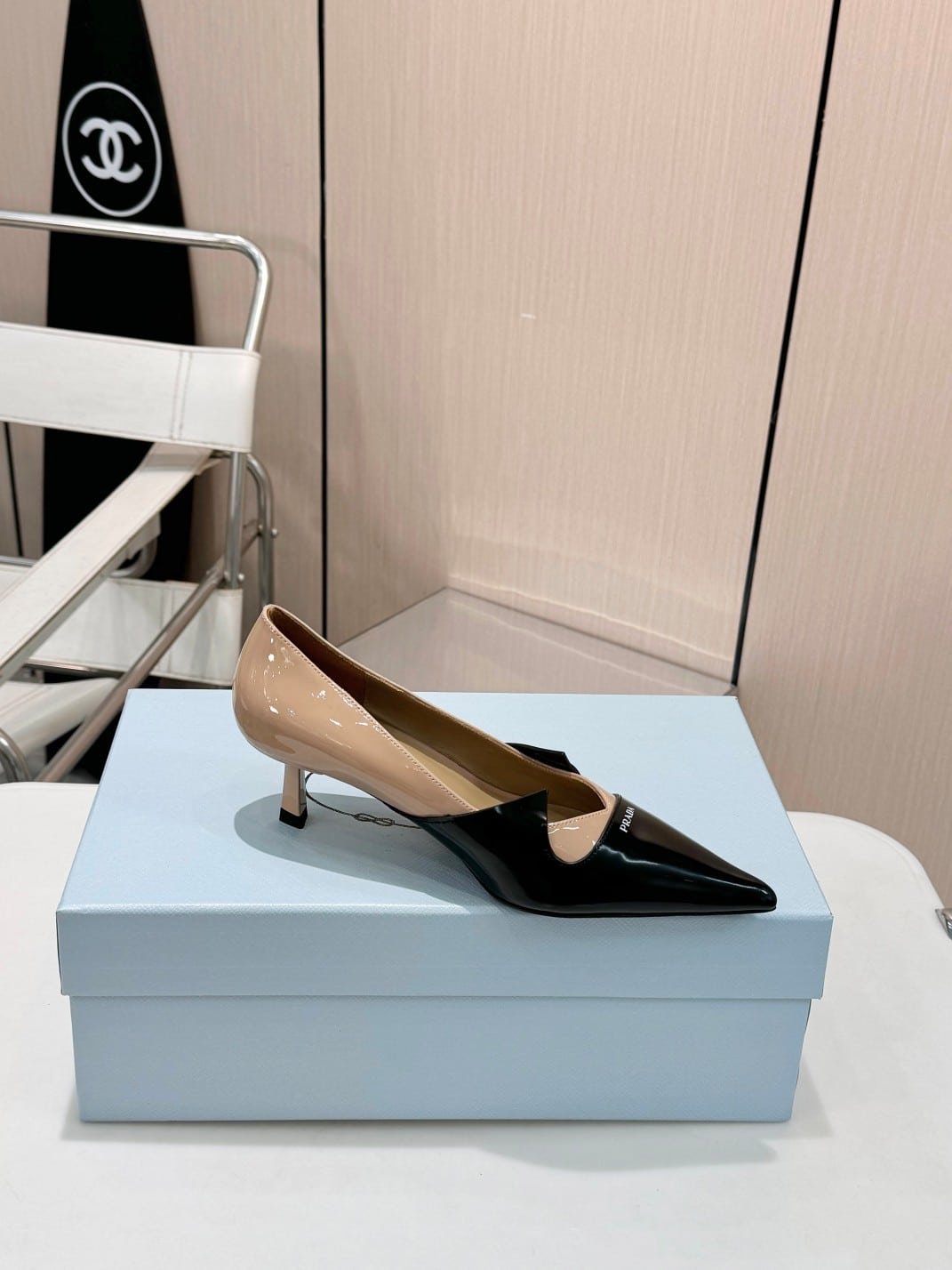 Pra*a Two Tone Toe Kitten Heels In Black And Beige