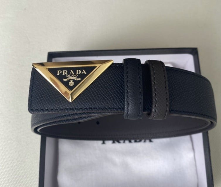 Pra*a Logo Plaque Belt Gold Hardware In Black