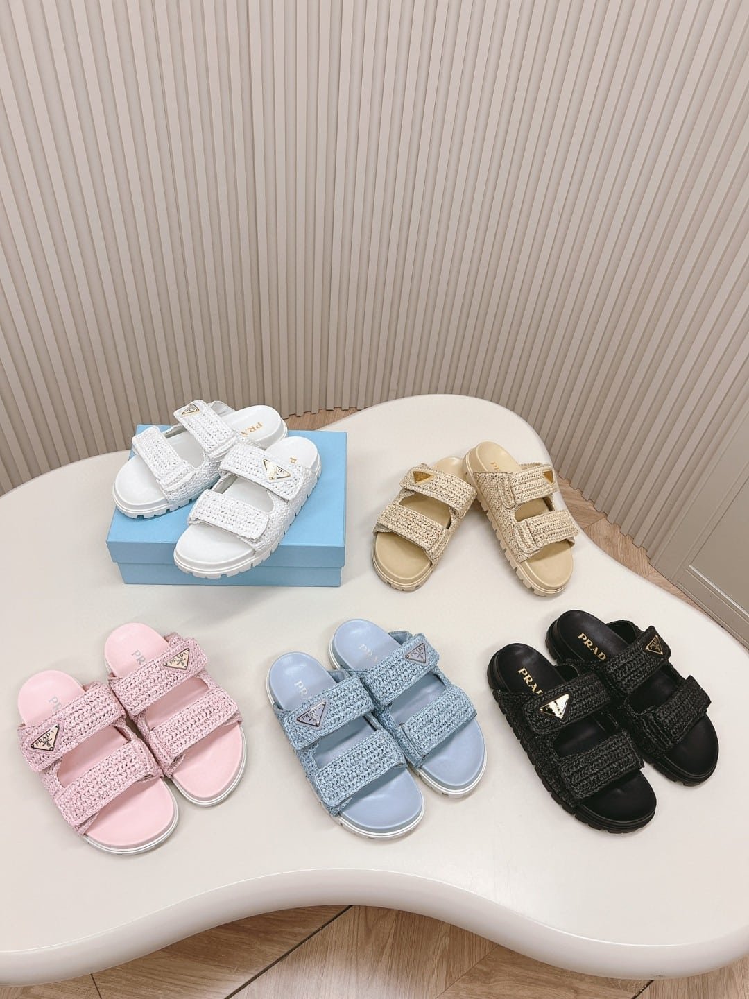 Pra*a Raffia Double Band Slide Sandals Beige 1Xx699 F020 2C2T F0018