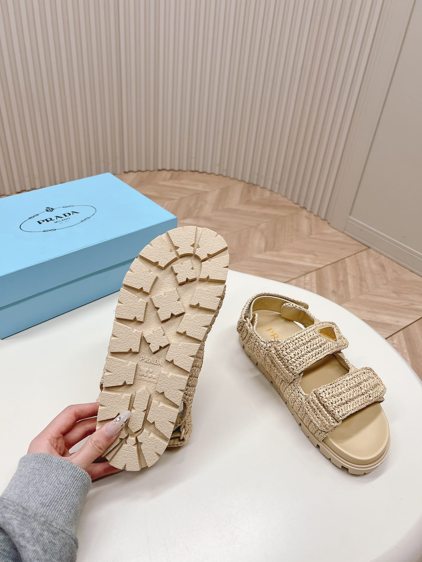 Pra*a Monolith Crochet Raffia Effect Sandals In Neutrals