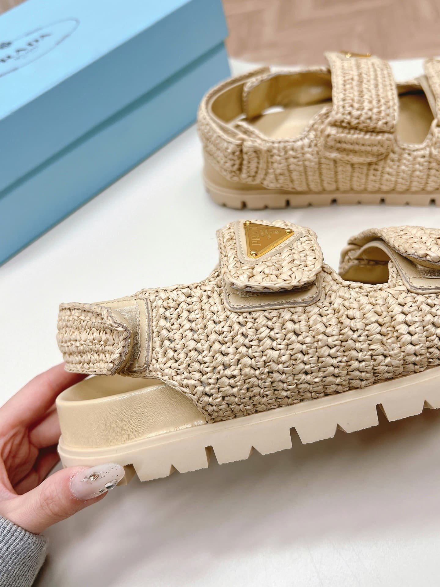 Pra*a Monolith Crochet Raffia Effect Sandals In Neutrals