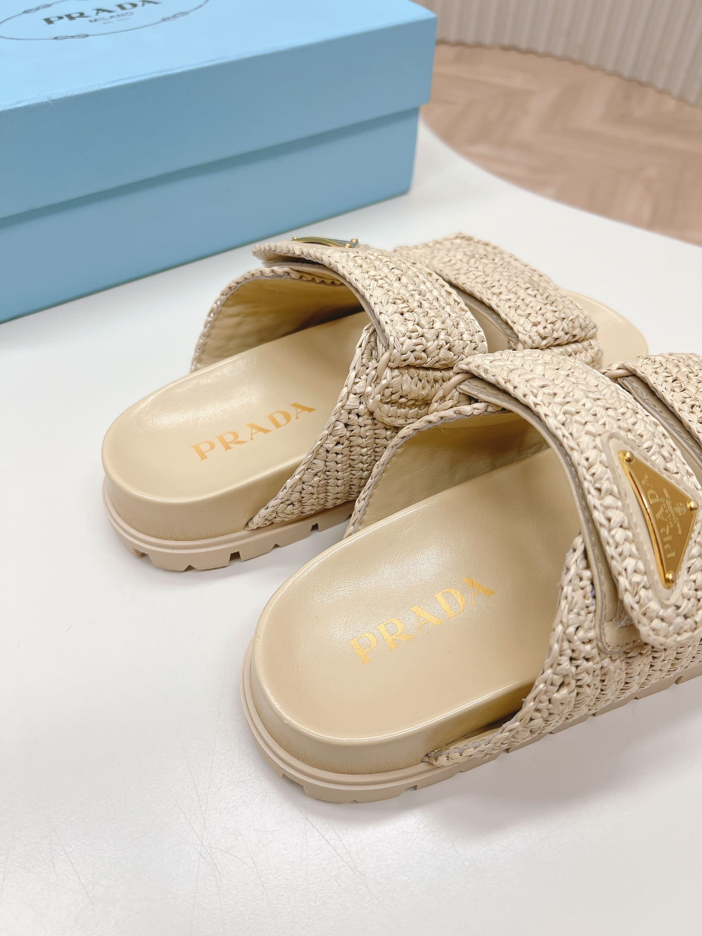 Pra*a Raffia Double Band Slide Sandals Beige 1Xx699 F020 2C2T F0018
