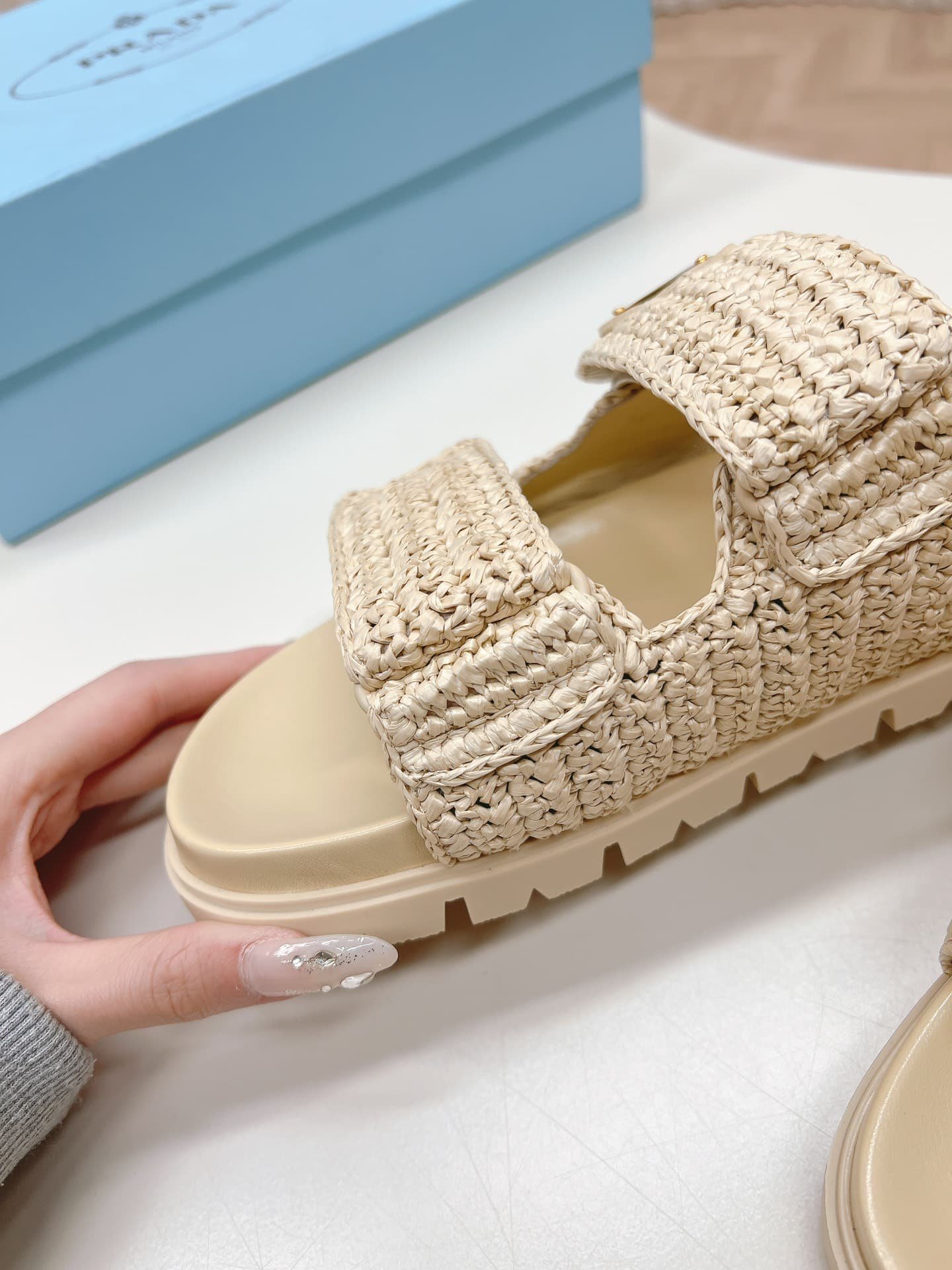 Pra*a Raffia Double Band Slide Sandals Beige 1Xx699 F020 2C2T F0018