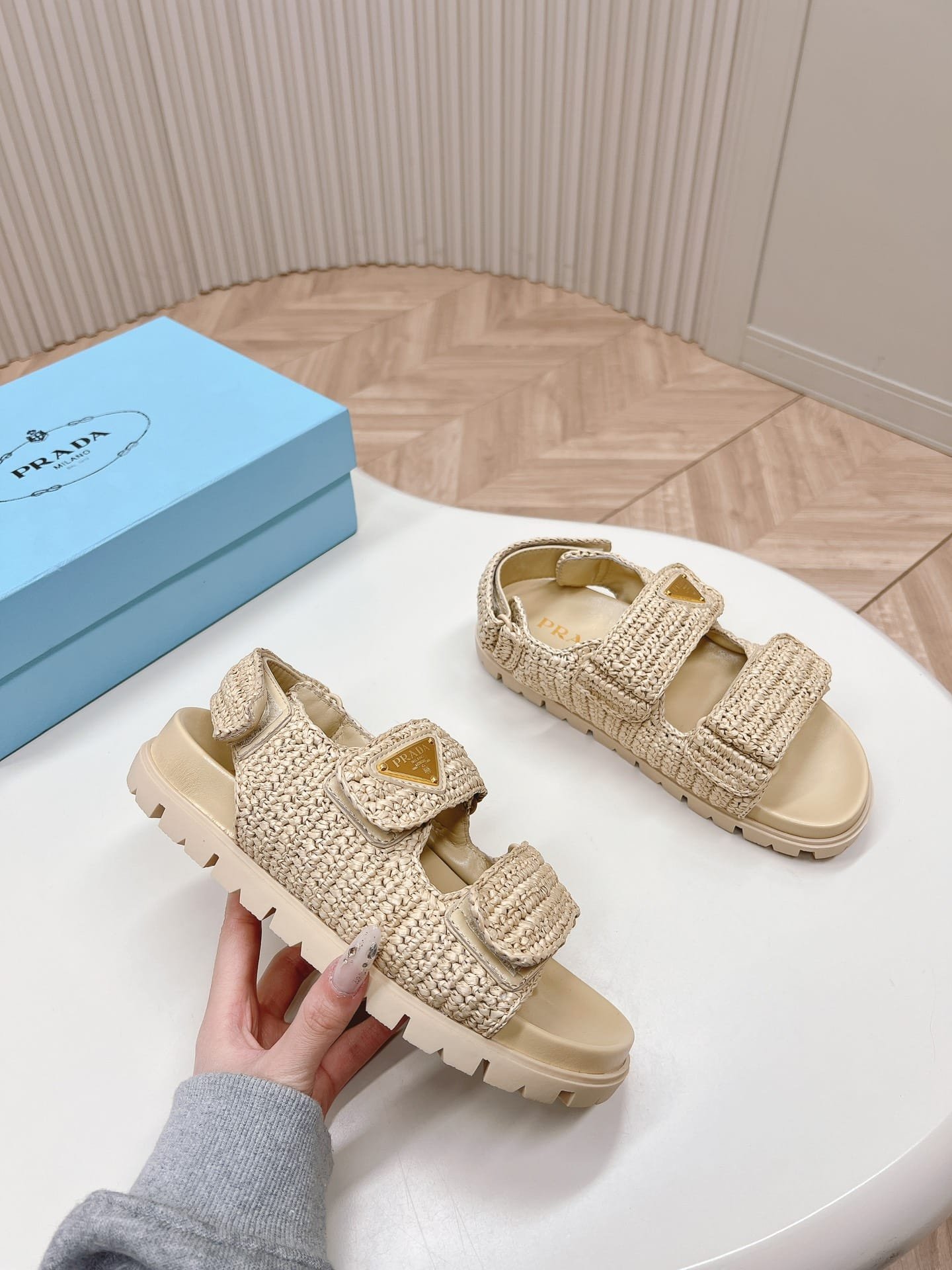 Pra*a Monolith Crochet Raffia Effect Sandals In Neutrals