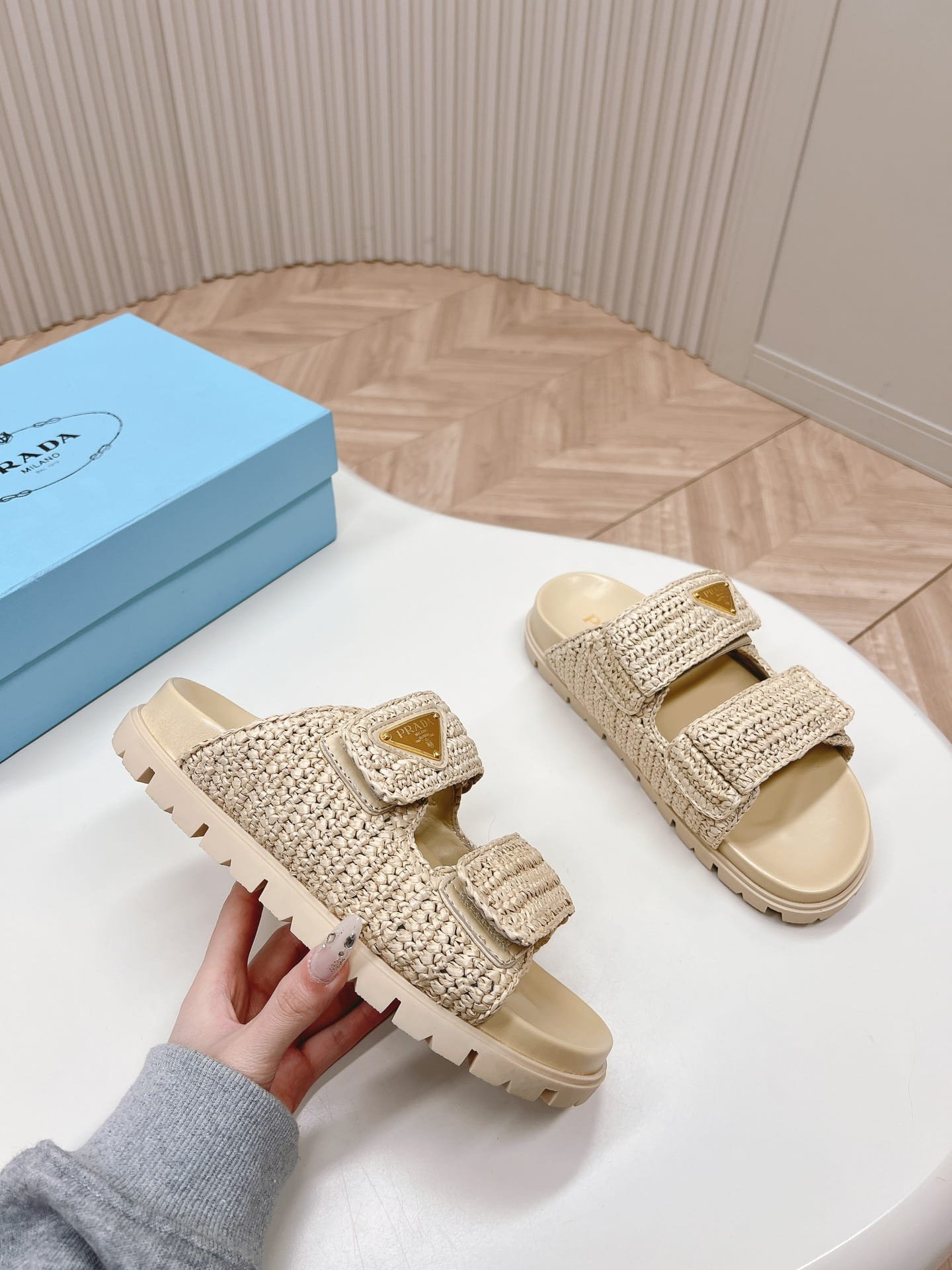 Pra*a Raffia Double Band Slide Sandals Beige 1Xx699 F020 2C2T F0018