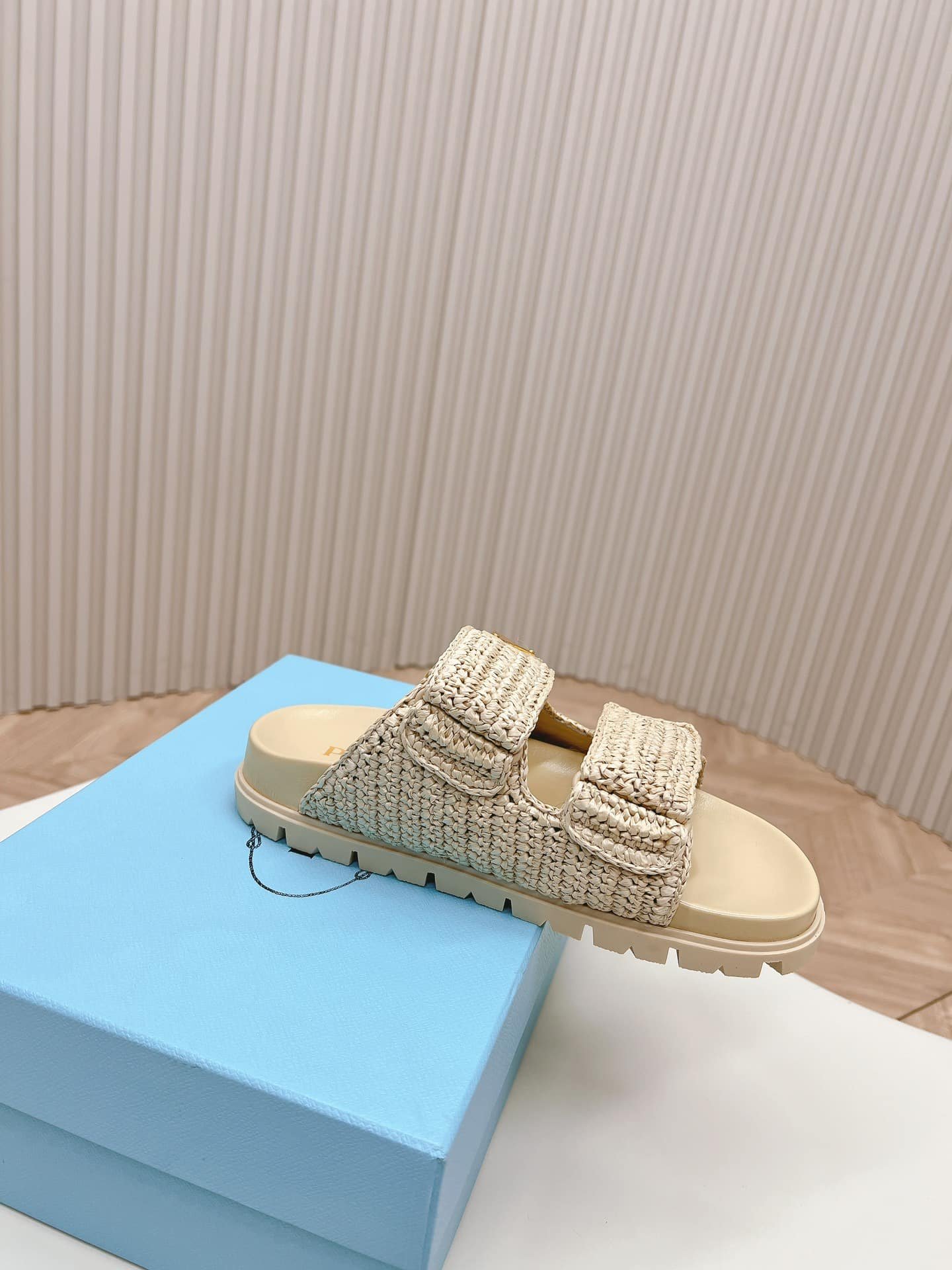 Pra*a Raffia Double Band Slide Sandals Beige 1Xx699 F020 2C2T F0018