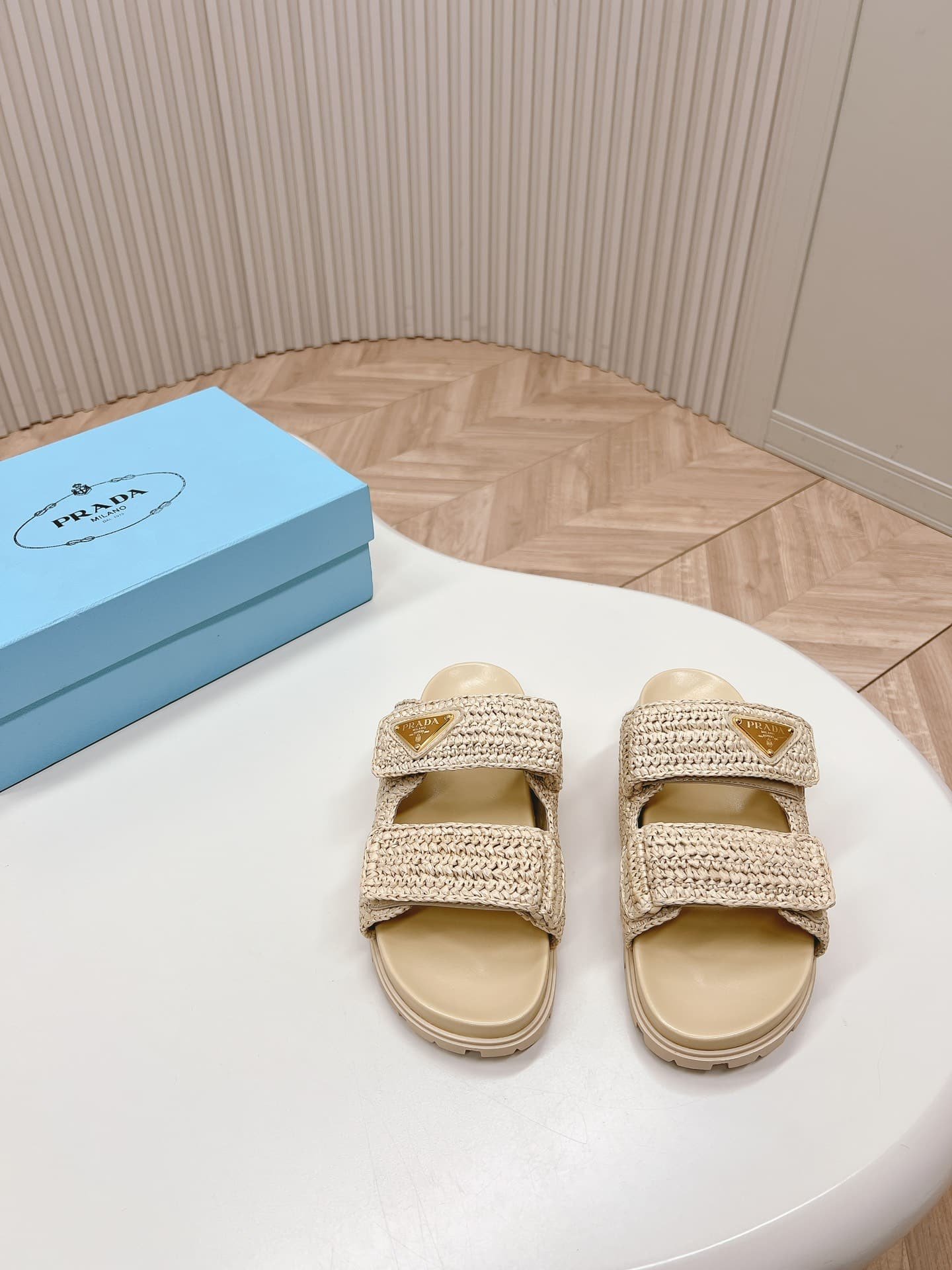 Pra*a Raffia Double Band Slide Sandals Beige 1Xx699 F020 2C2T F0018
