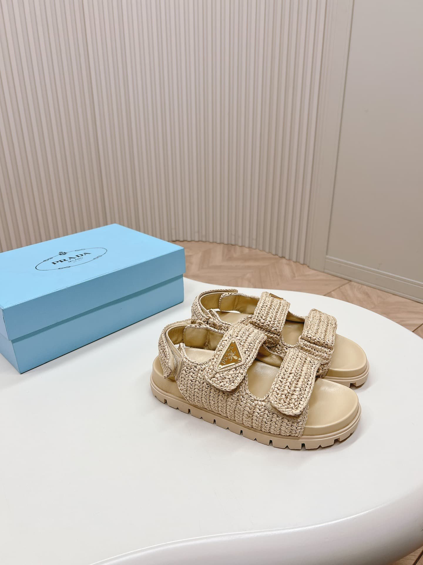 Pra*a Monolith Crochet Raffia Effect Sandals In Neutrals