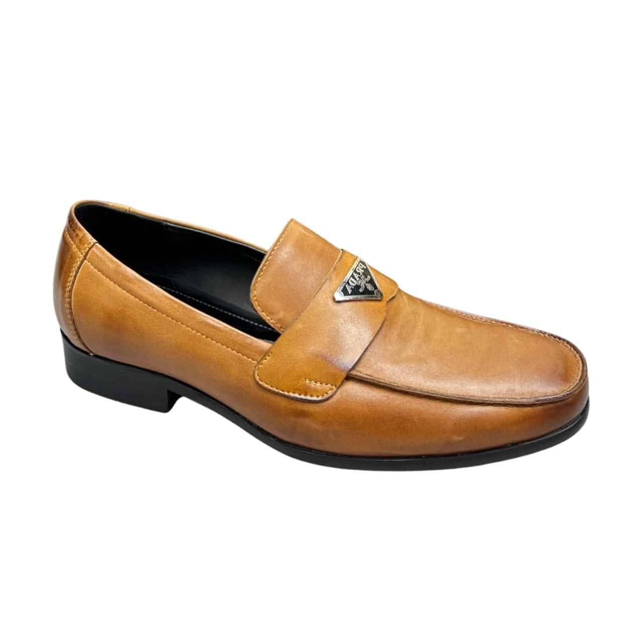 Pra*a Brushed Leather Loafers Triangle Logo Brown