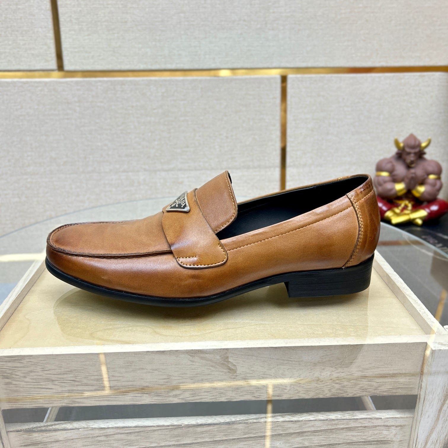 Pra*a Brushed Leather Loafers Triangle Logo Brown