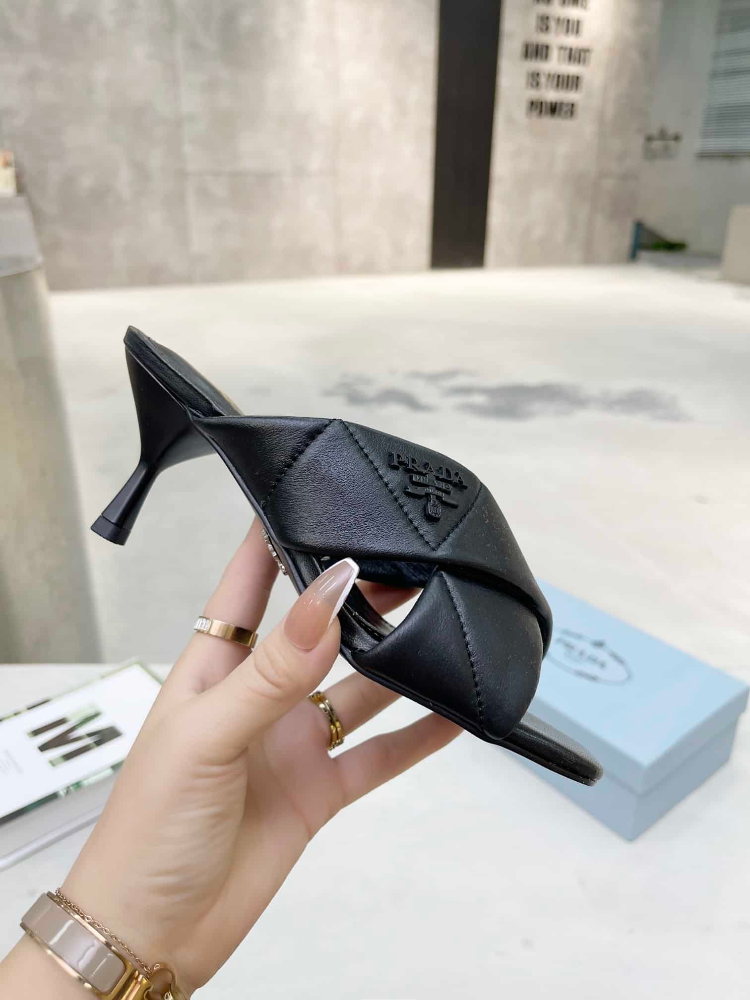 Pra*a Black Quilted Leather Mule